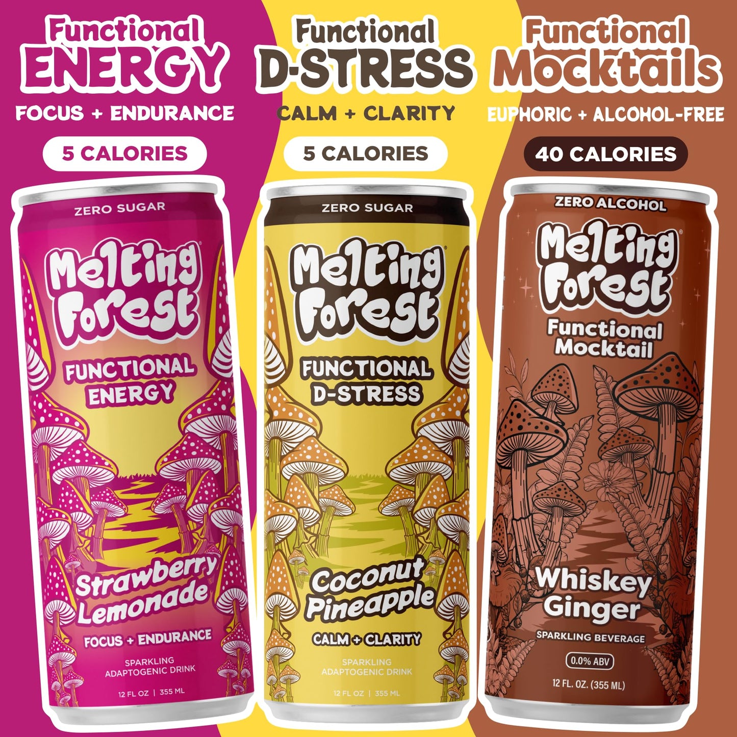 Melting Forest Mushroom D-Stress  Sparkling Adaptogen Drink with L-Theanine  Lions Mane and Vitamin B  Zero Sugar  5 Calories  Coconut Pineapple (12-Pack)
