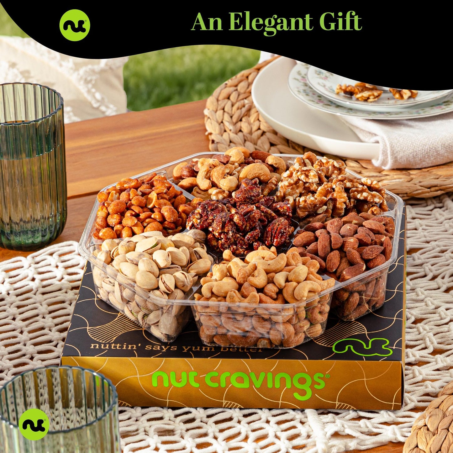 Nut Cravings Gourmet Mixed Nuts Gift Basket - 7 Assortments, 1 LB - Brown & Gold Box - Perfect for Easter, Birthdays, and Corporate Gifts