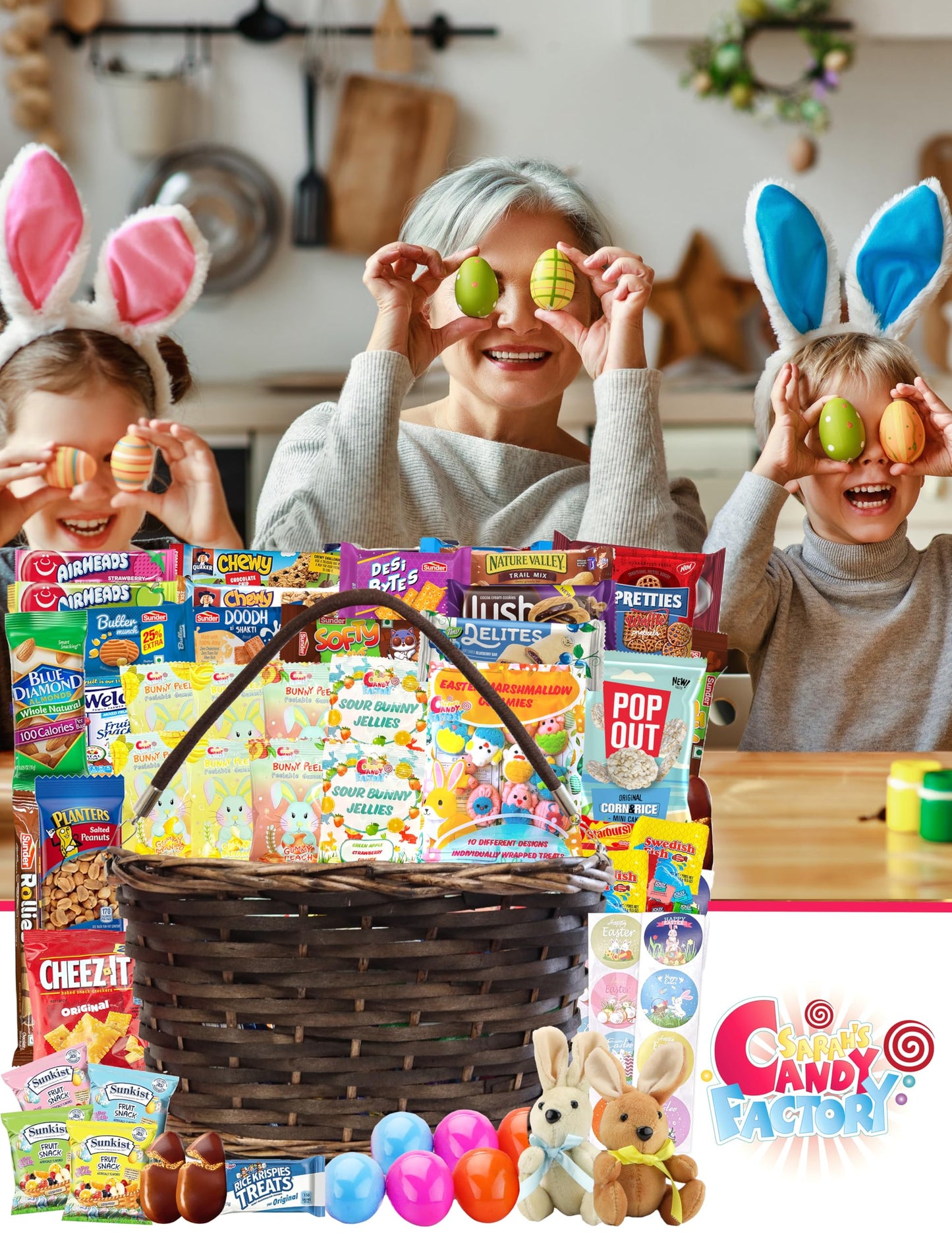 Easter Brown Oval Willow Basket (70 Ct) Filled With Treats, Snacks, Candy, Peelable Gummies, Marshmallow Gummies, Bunny And More