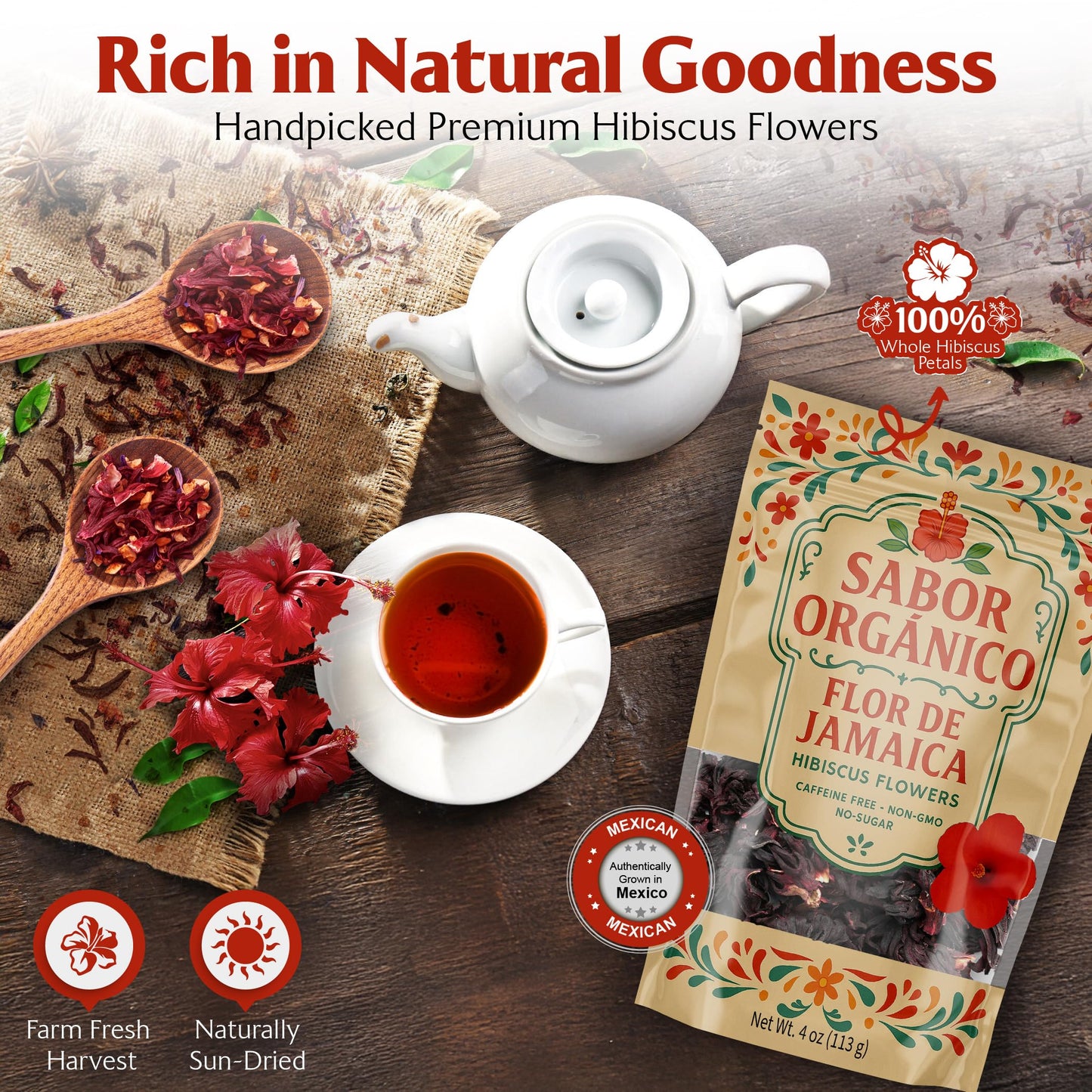 Sabor Orgánico Dried Hibiscus Flowers for Tea | Non-GMO, Resealable Pouch | 1lb (16oz)