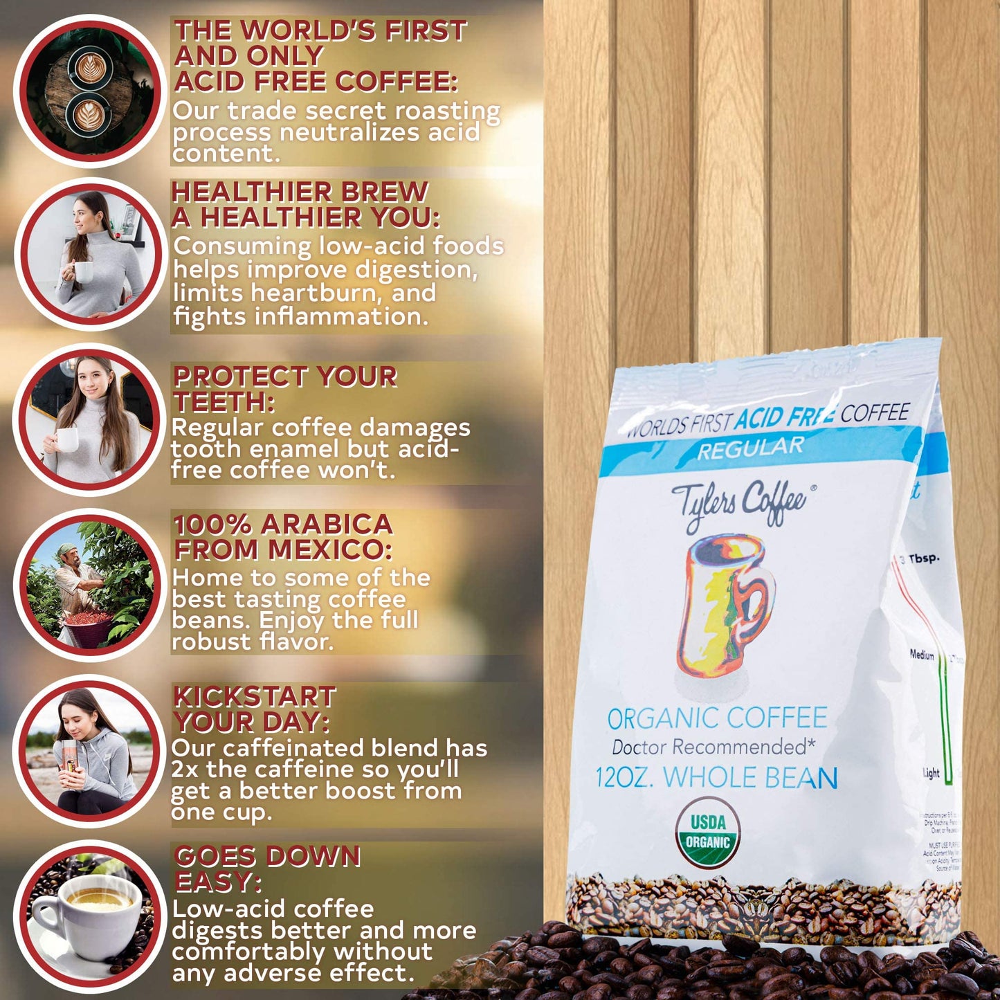 Tylers Acid Free Organic Whole Beans - 100% Arabica Full Flavor - Caffeinated No Bitter Aftertaste - For Acid Free Diets- Natura