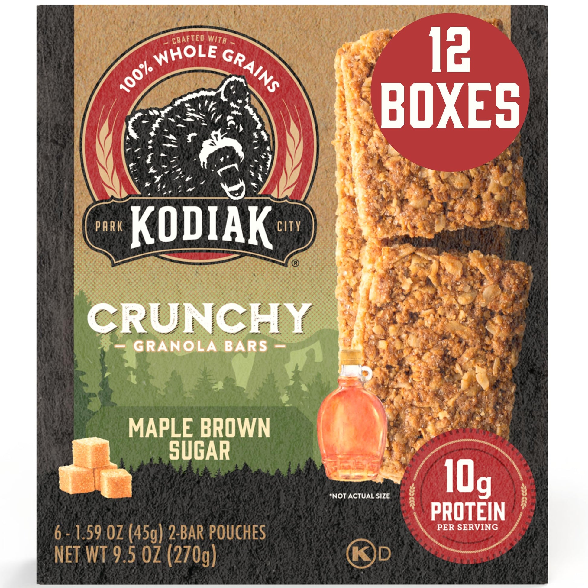 Kodiak Cakes Crunchy Granola Protien Snack Bars, Maple Brown Sugar, High Protein, 100% Whole Grains, 12 boxes with 6 pouches (14