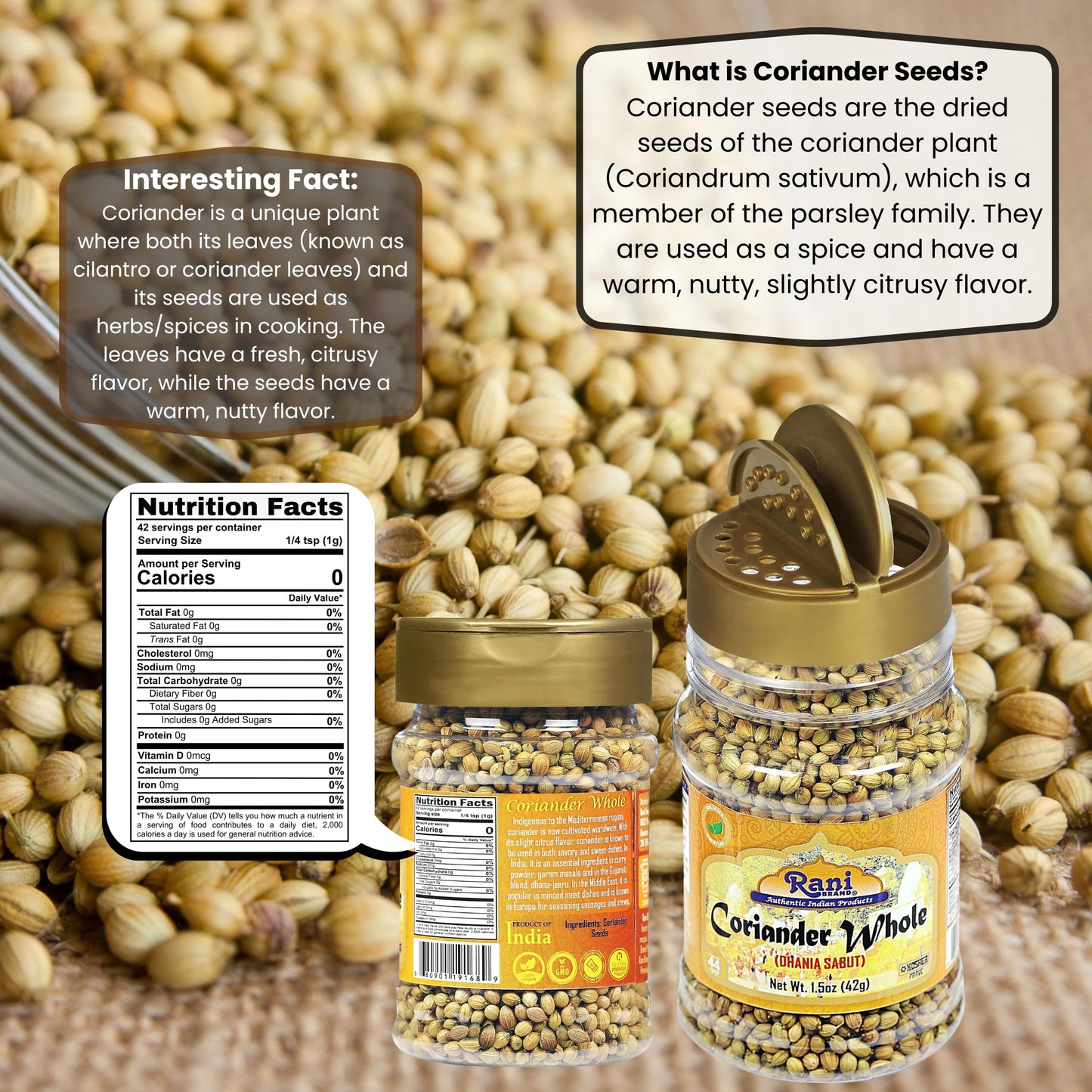 Rani Coriander (Dhania) Seeds Whole, Indian Spice 1.5Oz (42G) Pet Jar ~ All Natural | Gluten Friendly | Non-Gmo | Vegan | Kosher | Indian Origin