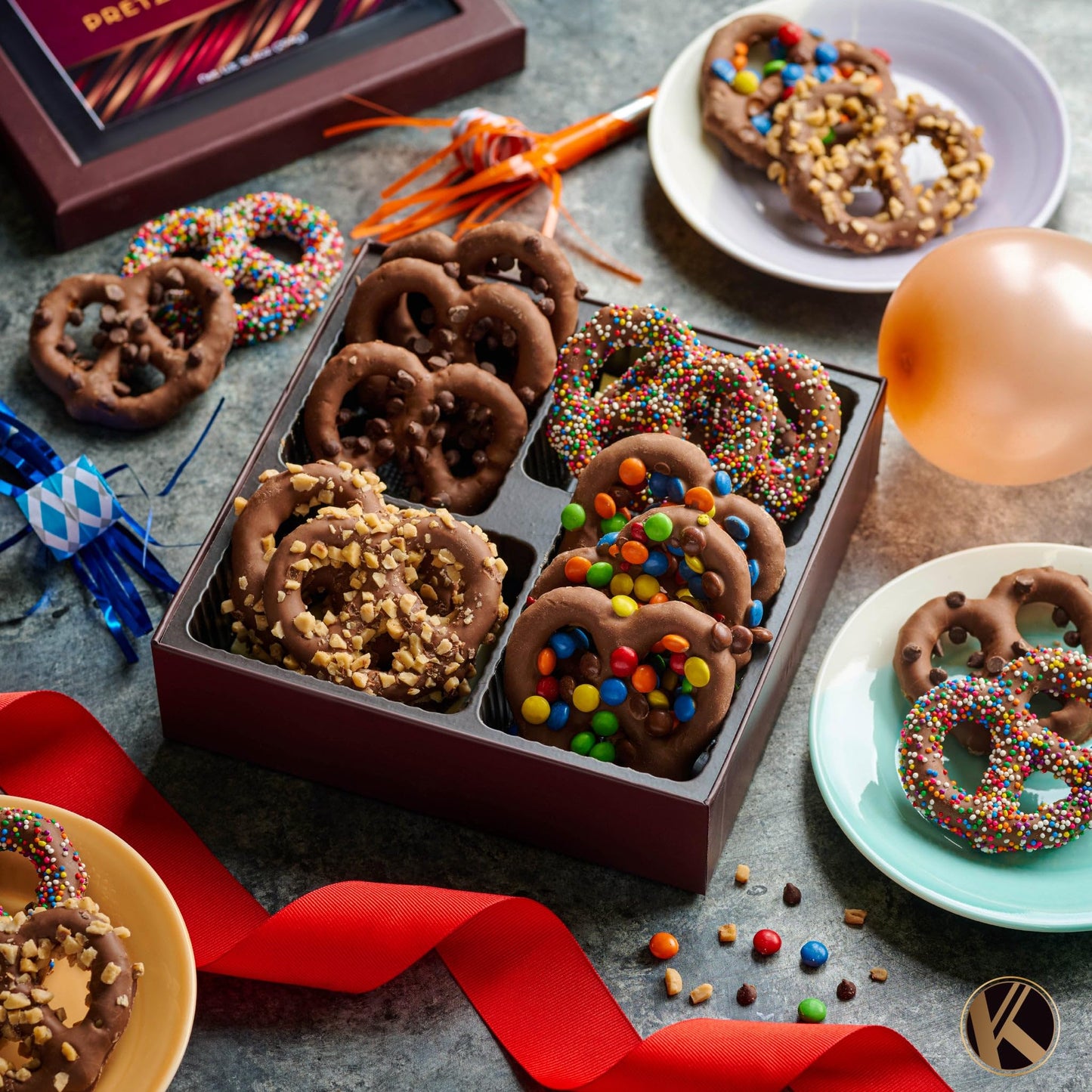 Nut Cravings KREMERY Creamy Chocolate Covered Pretzel Twists Gift Basket, 12 Piece Set, Assorted Sweet Toppings, Brown Gift Box