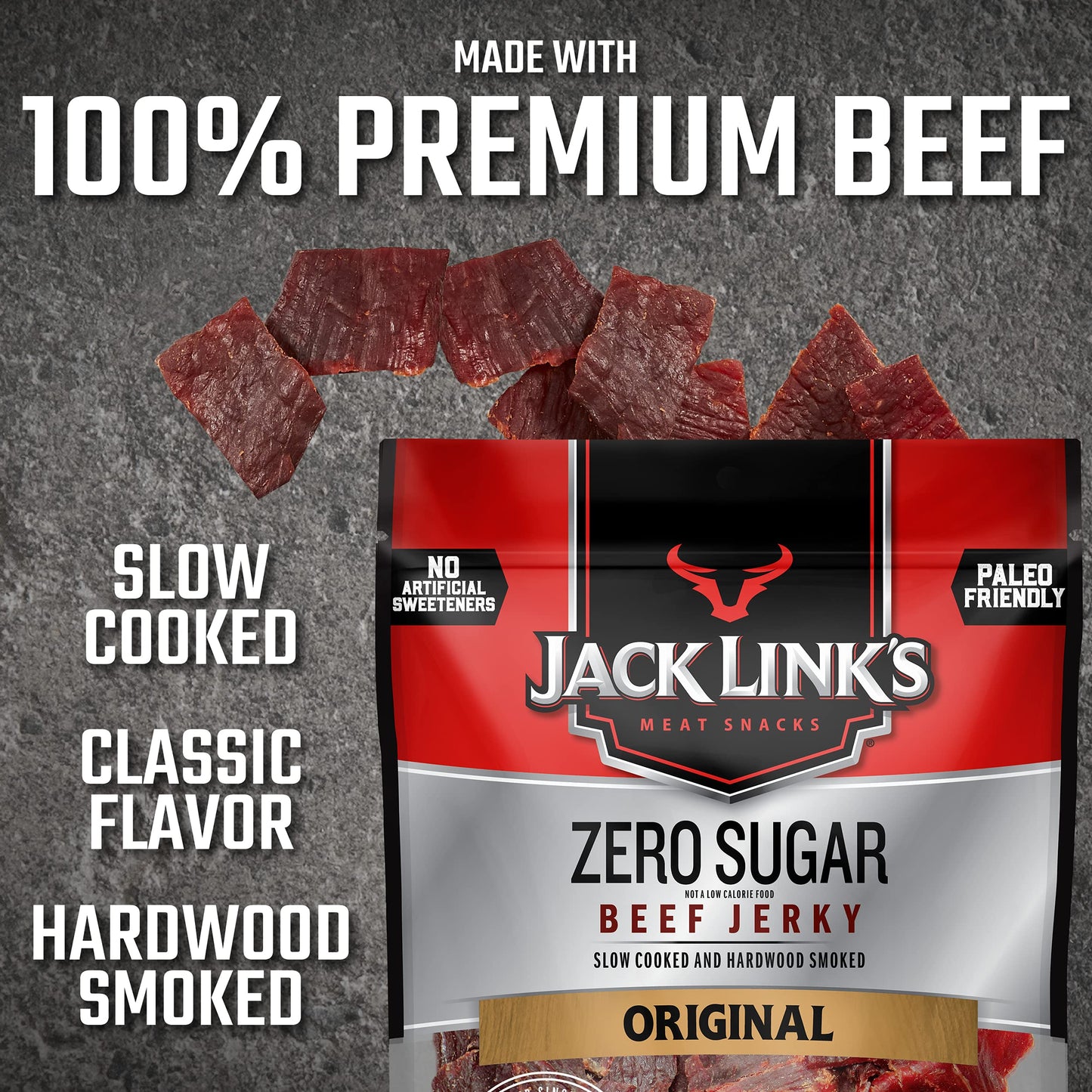 Jack Link'S Beef Jerky, Zero Sugar, Paleo Friendly Snack With No Artificial Sweeteners, 13G Of Protein And 70 Calories Per Servi