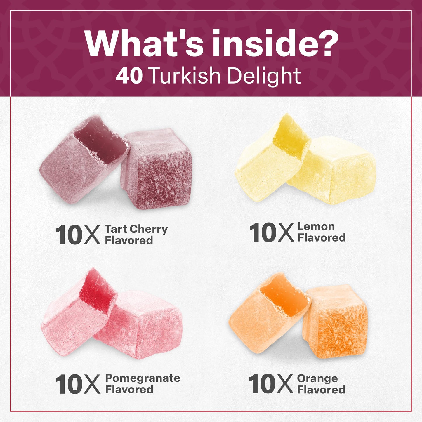 Eastanbul Turkish Delight Candy 21.2Oz, 4 Flavors Pomegranate, Orange, Tart Cherry, & Lemon Turkish Delights Assorted, Foreign C