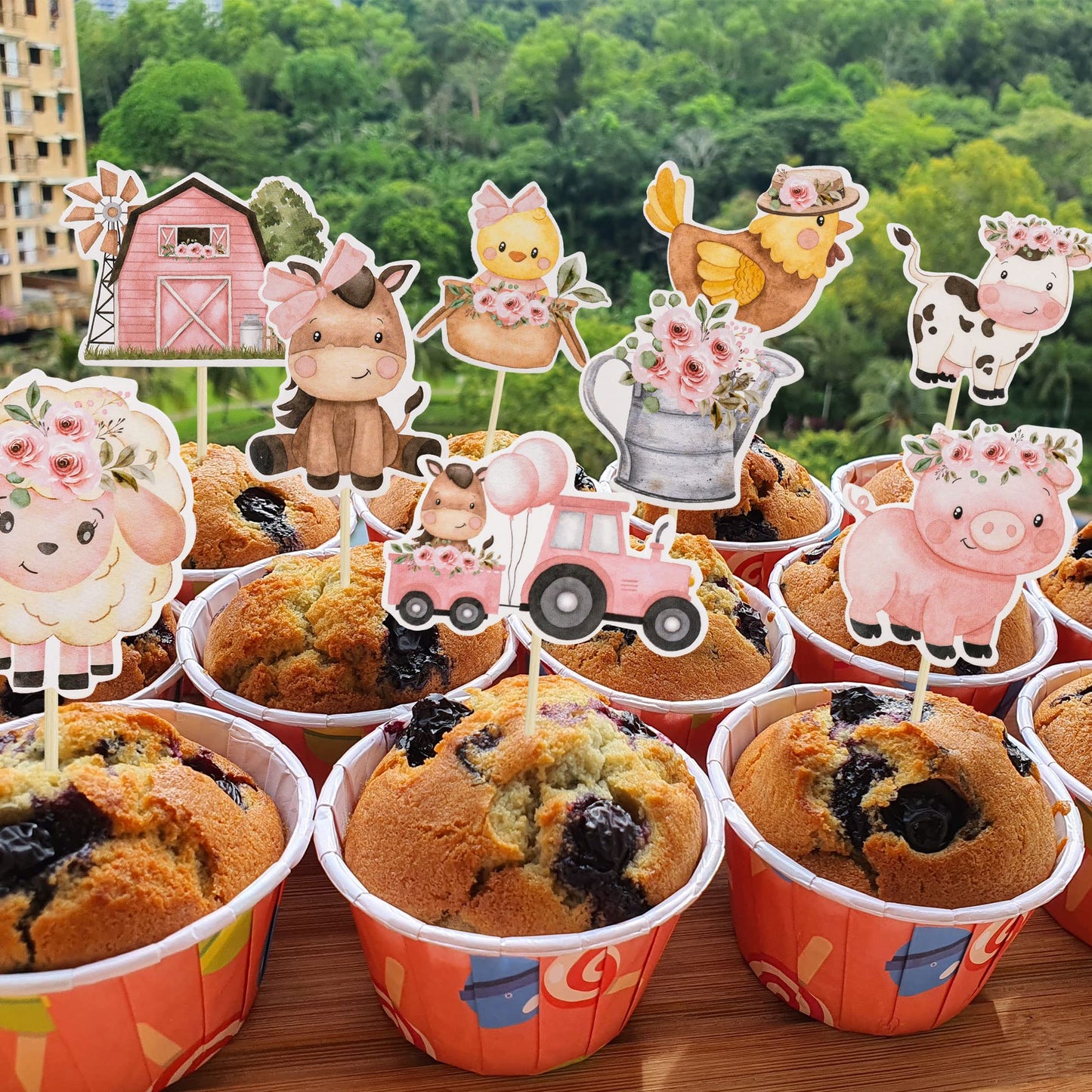 Gyufise 36Pcs Pink Floral Farm Animal Cupcake Toppers Pink Cute Girl Farm Animal Birthday Cupcake Toppers Picks For Girls Farm A