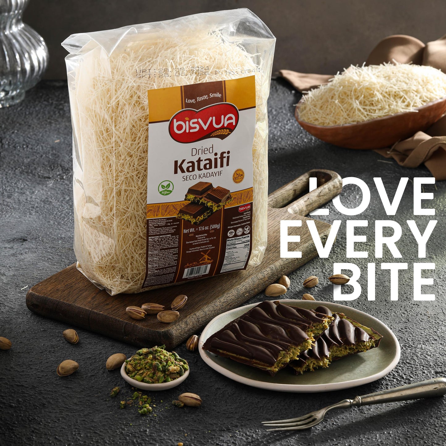 Bisvua Premium Dried Kataifi 500G (17.6 Oz) - Perfect For Viral Dubai Chocolate Bar Pistachio Stuffed Desserts Knafeh, Kunafa, A