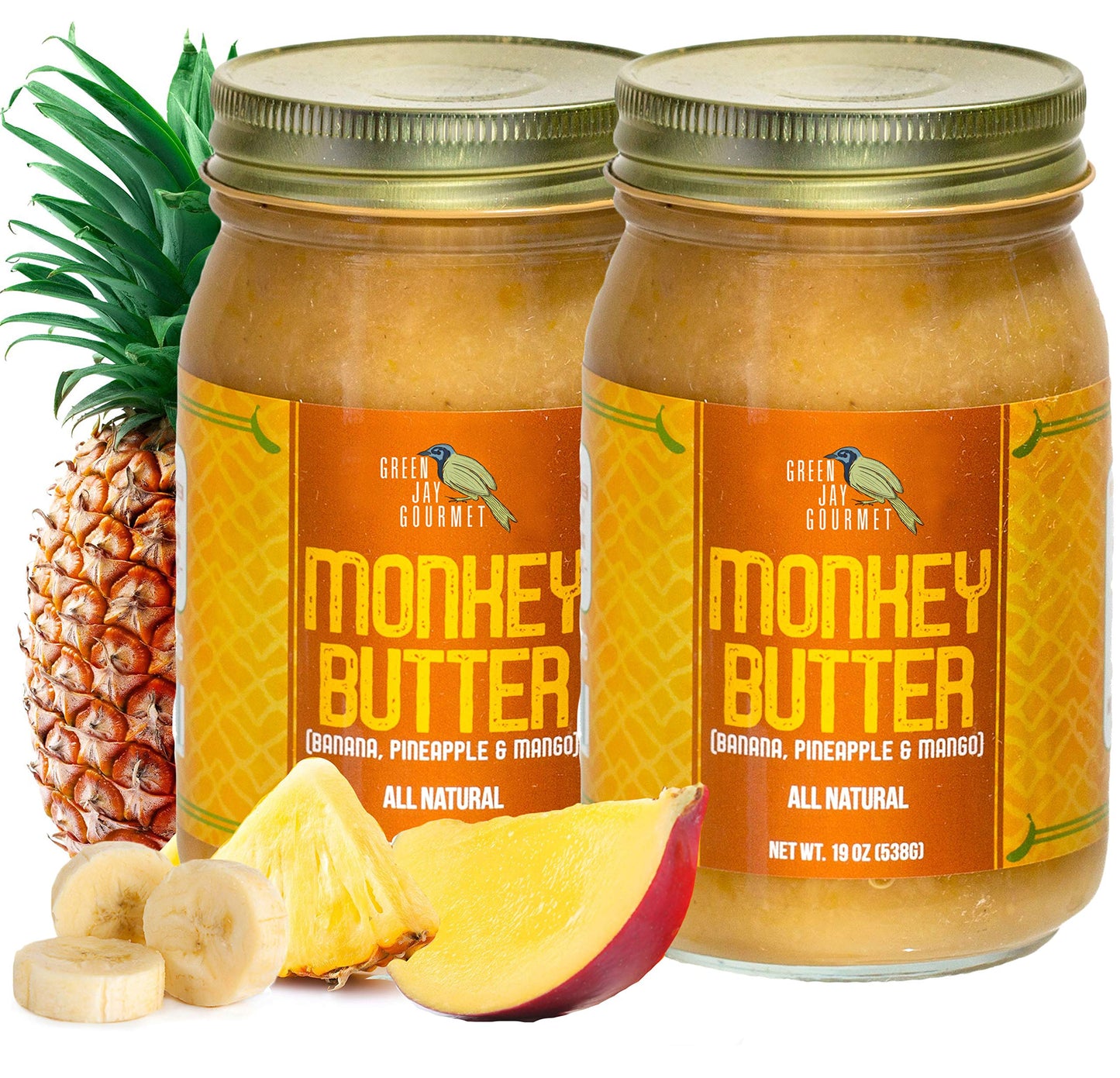 Green Jay Gourmet Monkey Butter - All-Natural Banana & Pineapple Spread - Gluten-Free - 2 x 19 Ounces