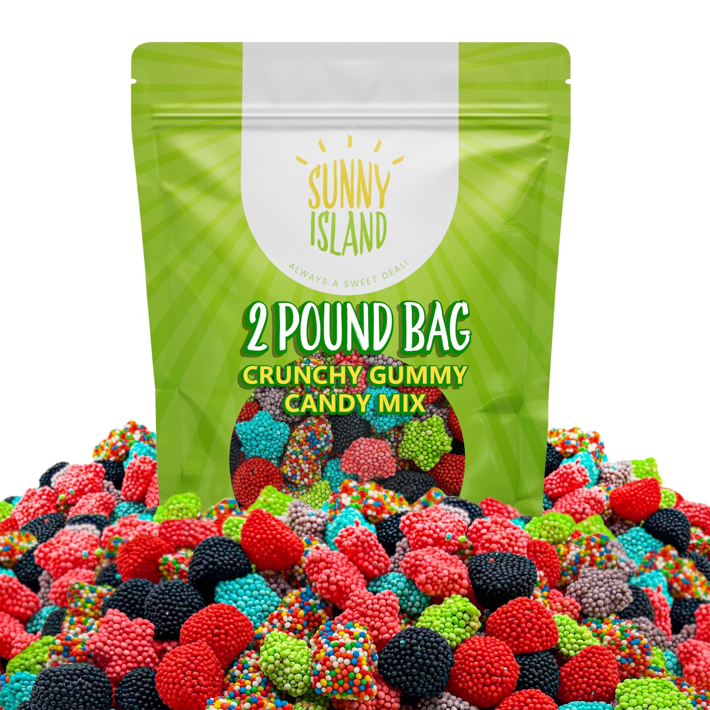 Crunchy Gummy Candy Mix | 2 Pound Bag | Rainbow Nonpareils Bears  Berries  Star Shaped Chewy Clusters | Gummy Mix for Kids Party Favors | Fruity and Sour Flavors