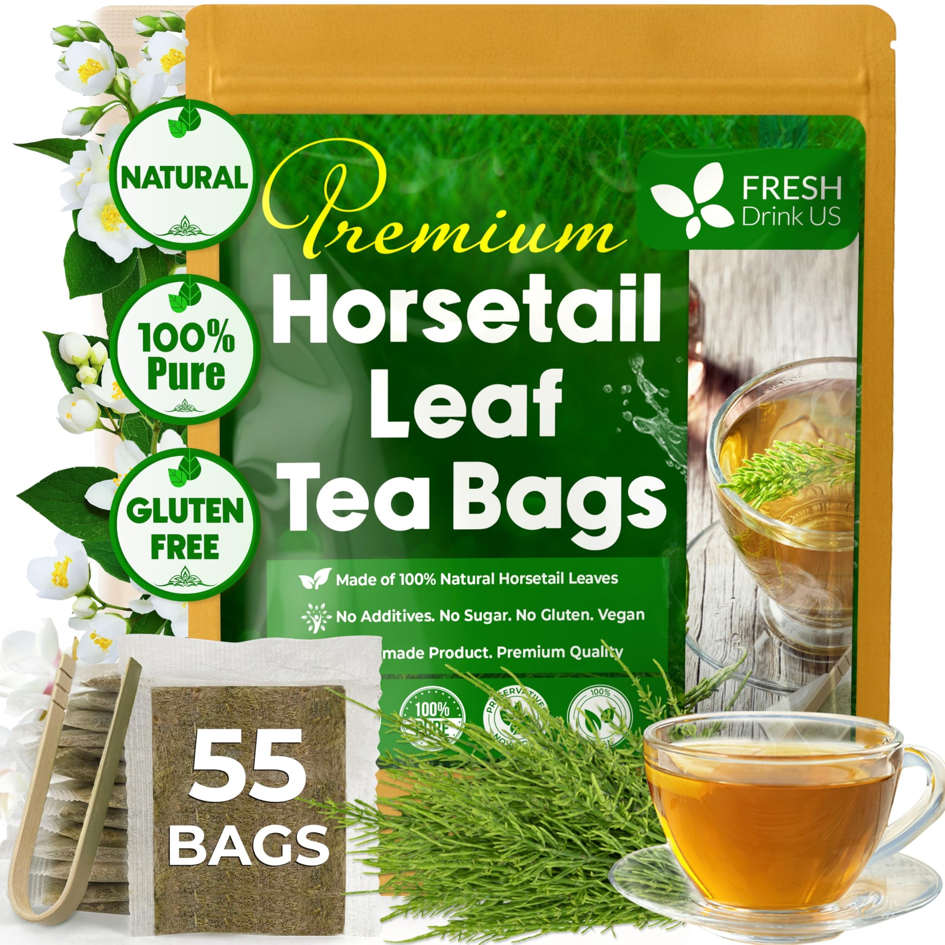 Freshdrinkus  Top-Grade 55 Horsetail Leaf Tea Bags  100% Natural & Pure From Horsetail Loose Leaves Herbal Tea. Made With Natural Material Tea Bags. No Sugar  No Energy Blend  No Gluten  Vegan.
