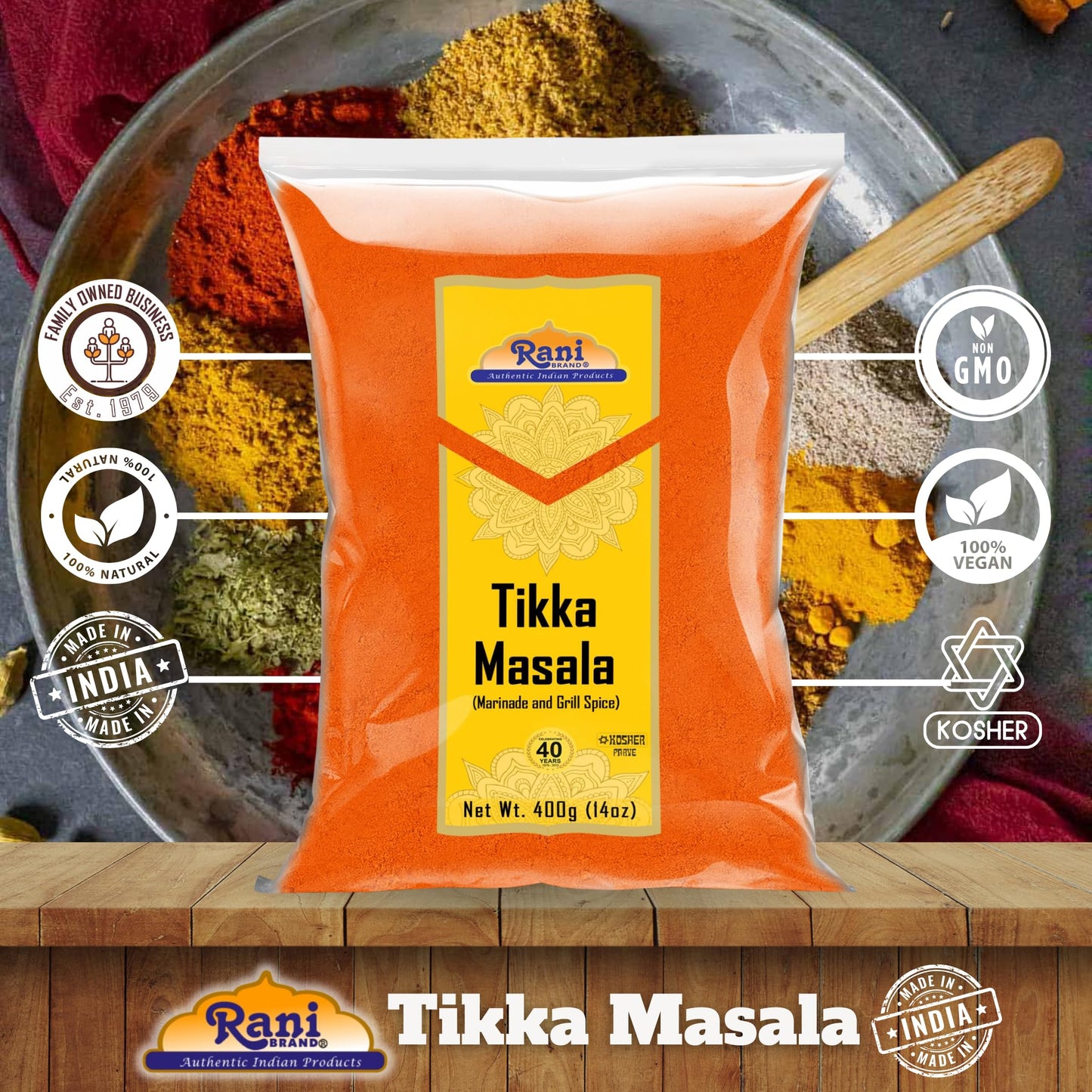 Rani Tikka Masala Indian Spice Blend, All Natural, Vegan, Salt-Free, 14oz (400g)