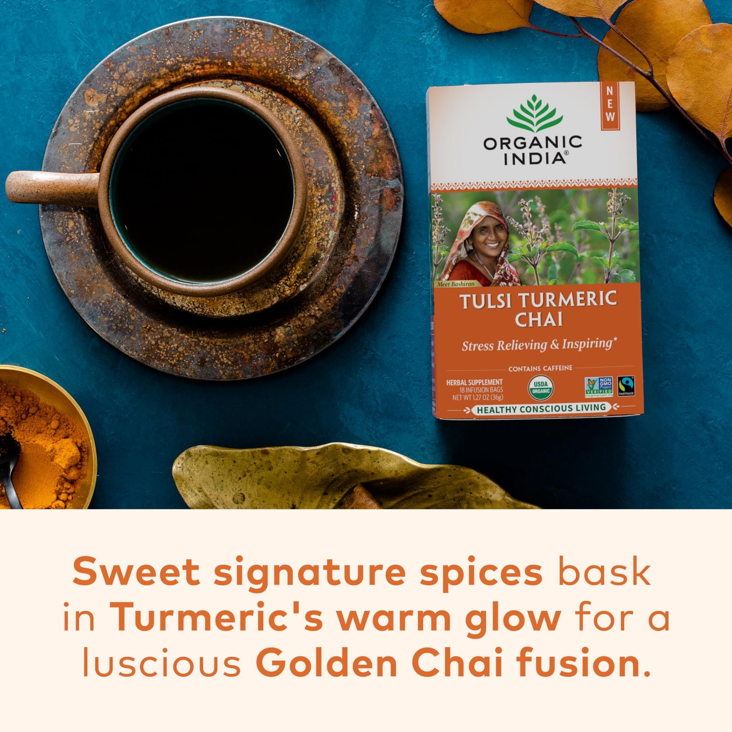Organic India Tulsi Turmeric Chai Tea - Herbal Tea Bags with Ginger, Cinnamon, 18 Count (Pack of 6)