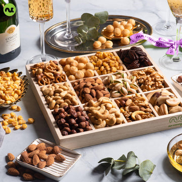 Nut Cravings Gourmet Collection - Thinking Of You, Nuts Gift Basket With Thinking Of You Ribbon + Greeting Card In Reusable Wood
