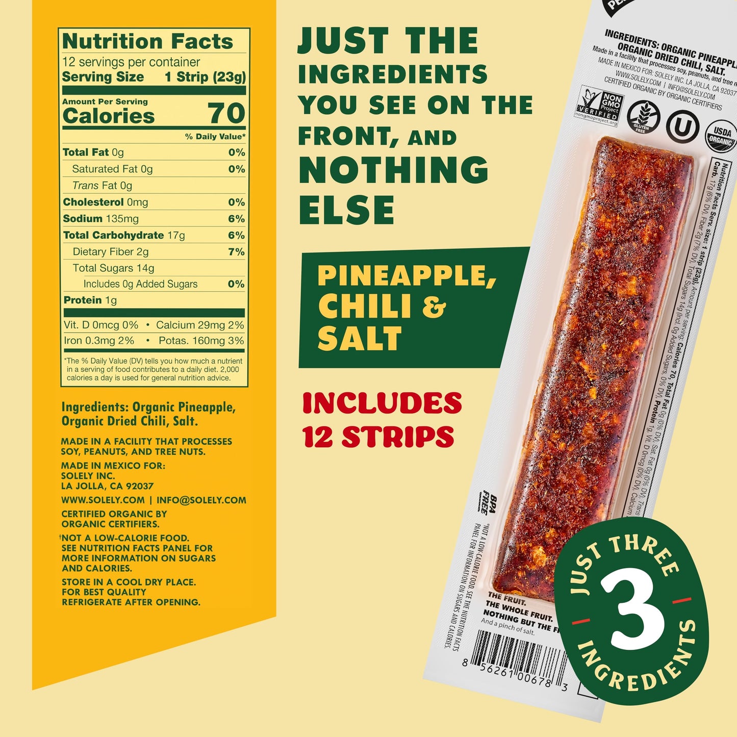 Solely - Organic Spicy Pineapple Chili And Salt Fruit Jerky - 12 Individually Wrapped Fruit Strips - Fruit Leather Made From Dri