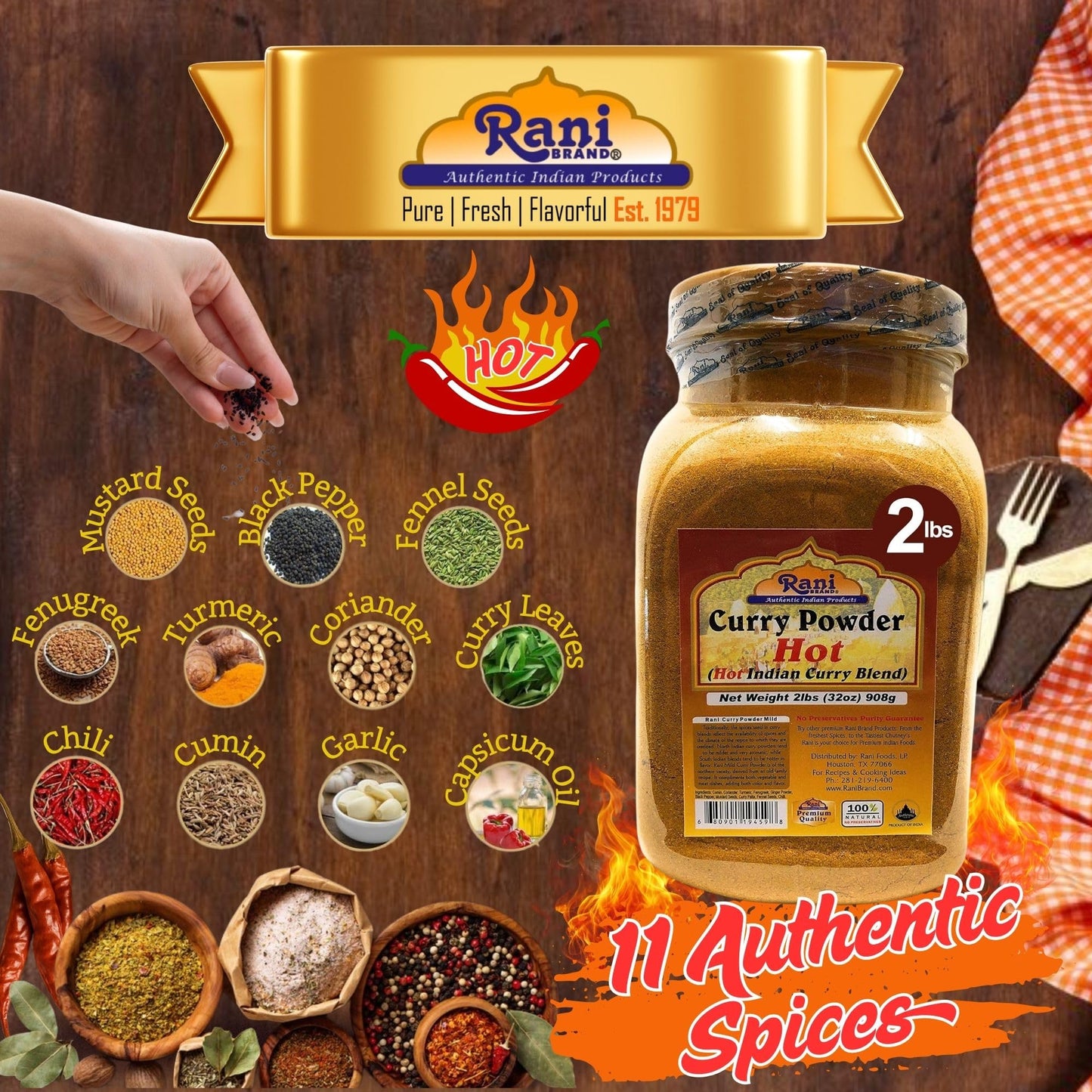 Rani Curry Powder Hot (11-Spice Authentic Indian Blend) 32Oz (2Lbs) 908G Pet Jar ~ All Natural | Salt-Free | Vegan | No Colors |