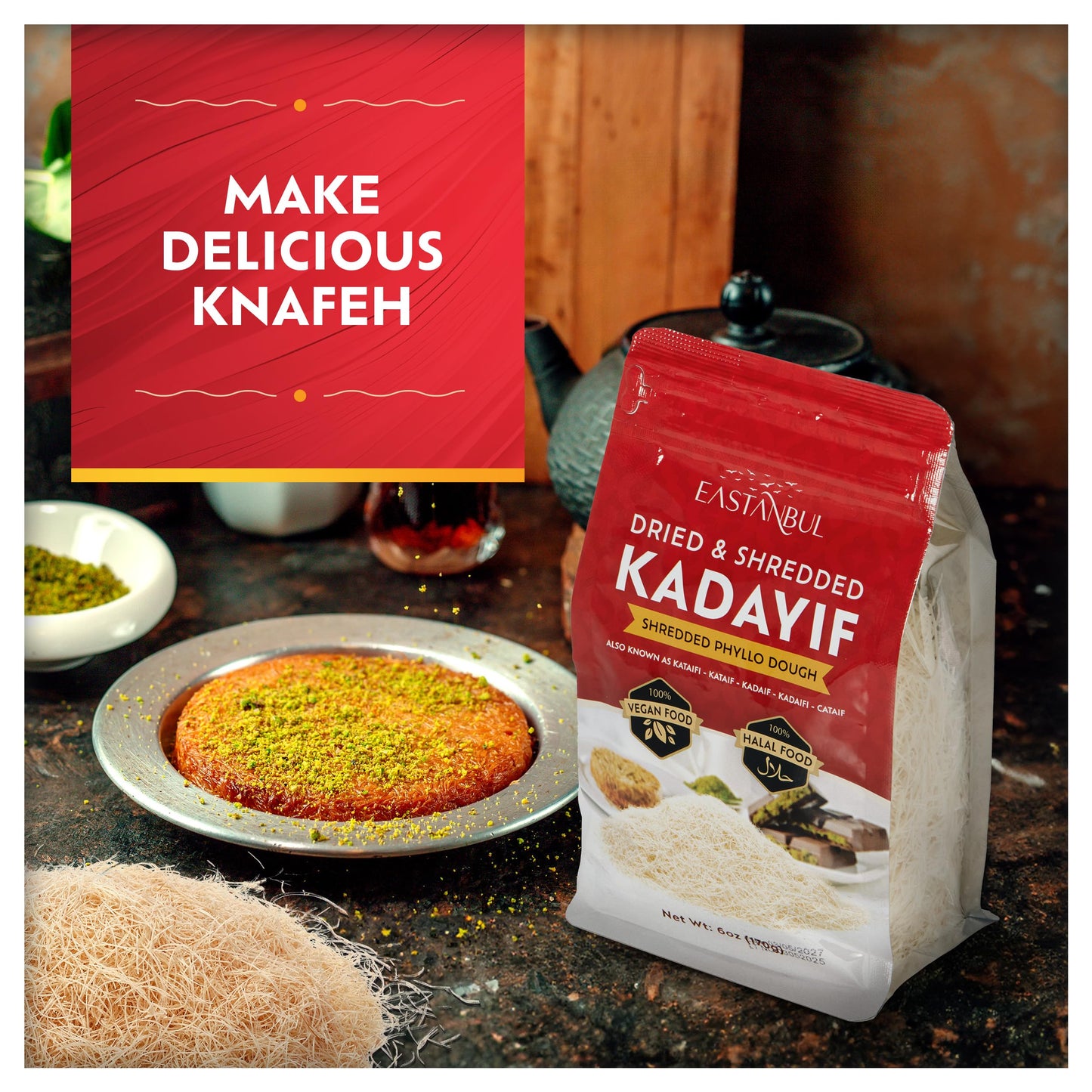 Eastanbul Dried & Chopped Kataifi Shredded Fillo Dough, 6oz (170g) - Ideal for Kunafa and Knafeh Recipes