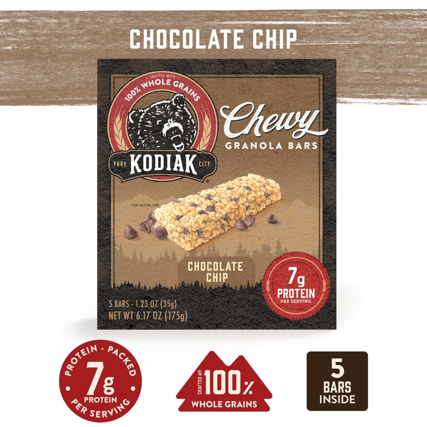 Kodiak Cakes Chewy Granola Snack Bars, Chocolate Chip, High Protein, 100% Whole Grains, 12 boxes with 5 bars each (60 bars total