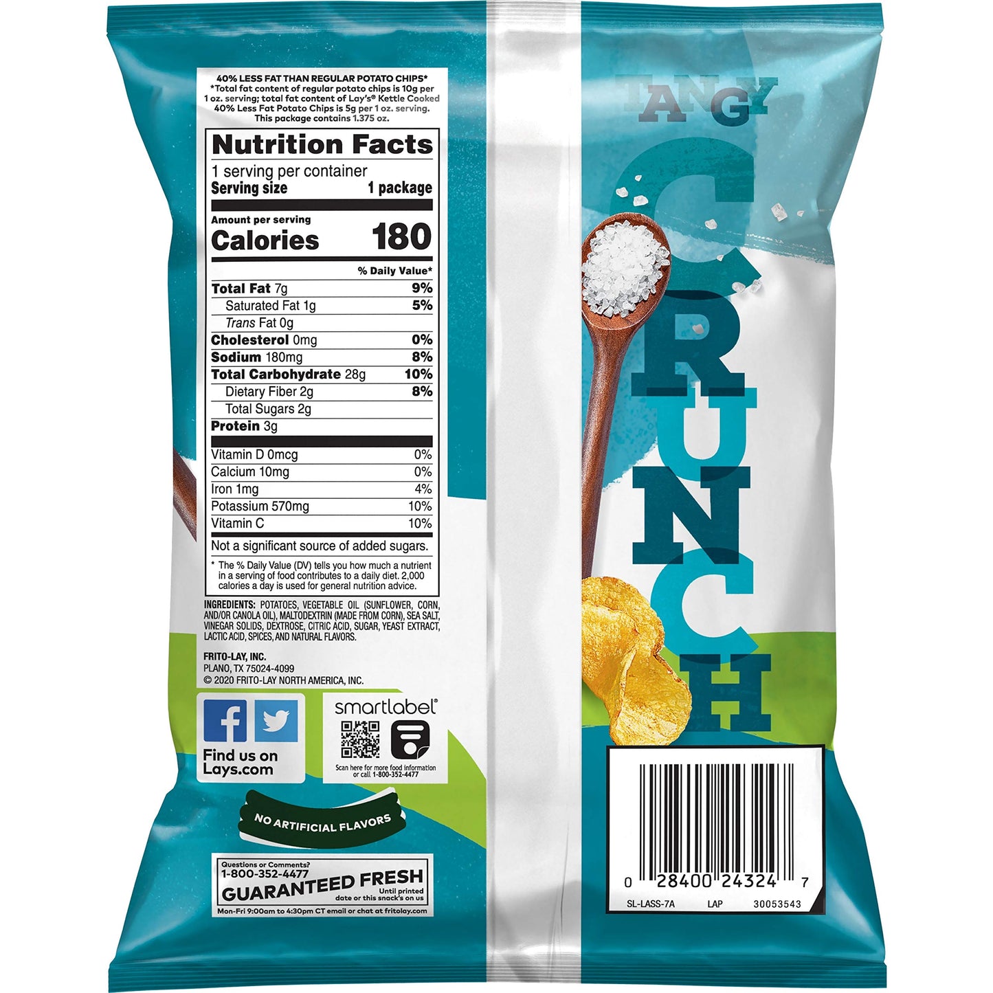 Lays Kettle Cooked Potato Chips, 40% Less Fat Salt & Vinegar, 1.375 Ounce (Pack Of 64)