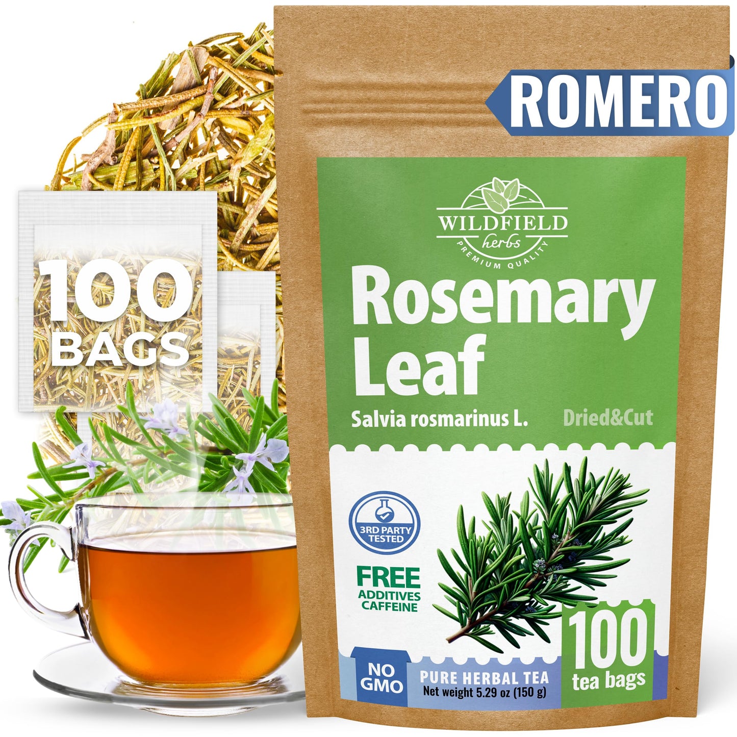 WILDFIELD HERBS Rosemary Tea - Herbal Tea Bags, 100 Count, 1.5g Each