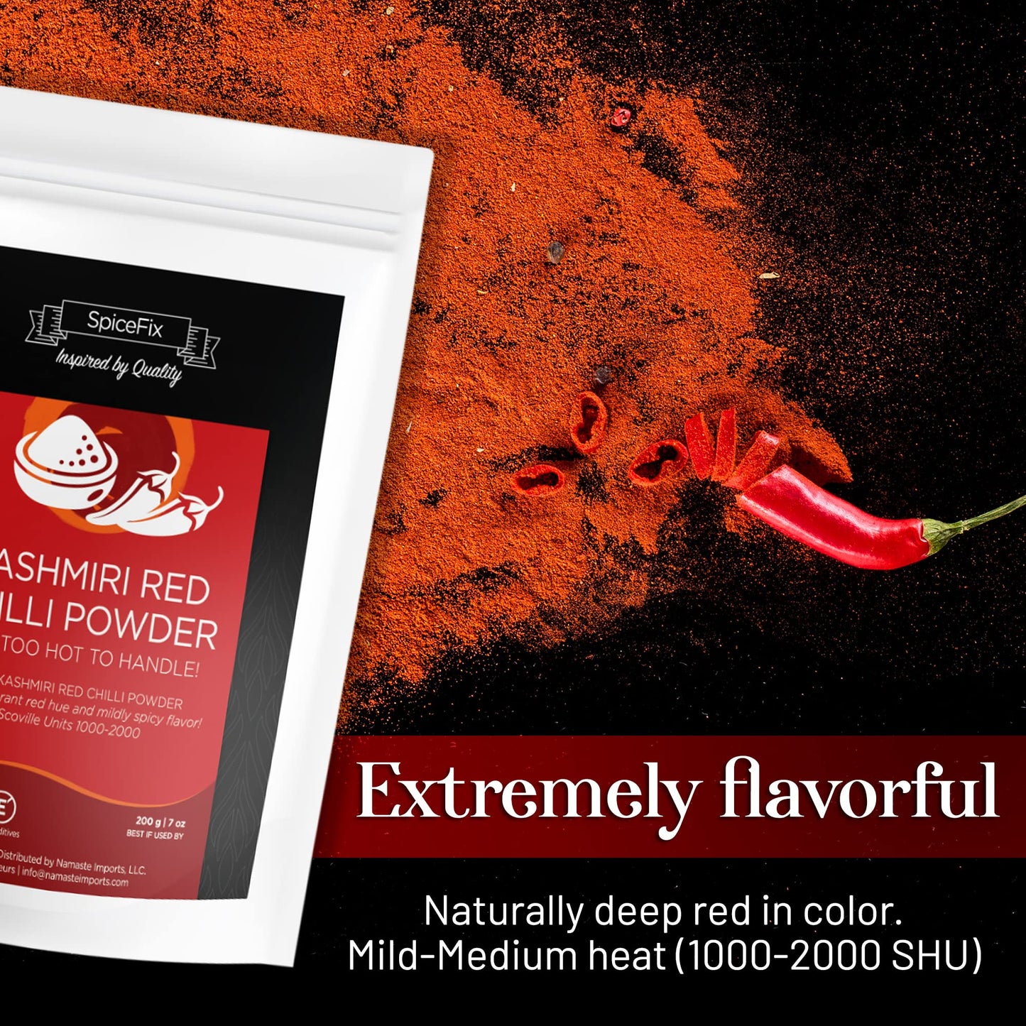 SpiceFix Kashmiri Red Chilli Powder - Mild to Medium Heat, Vegan, 7 Ounces, Deep Red, Resealable Bag