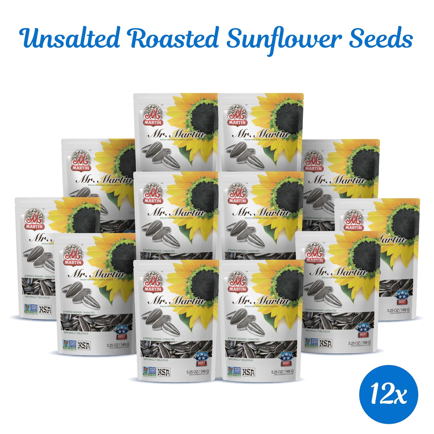 MR. MARTIN Roasted Unsalted Sunflower Seeds – Non-GMO, Vegan, Low Sodium, 5.25 Oz, 12 Pack