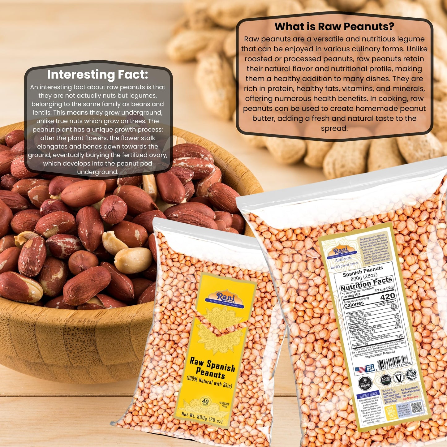 Rani Raw Spanish Peanuts 100% Natural With Skin (Uncooked, Unsalted) 28Oz (1.75Lbs) 800G ~ Vegan | Gluten Friendly | Fresh Produ