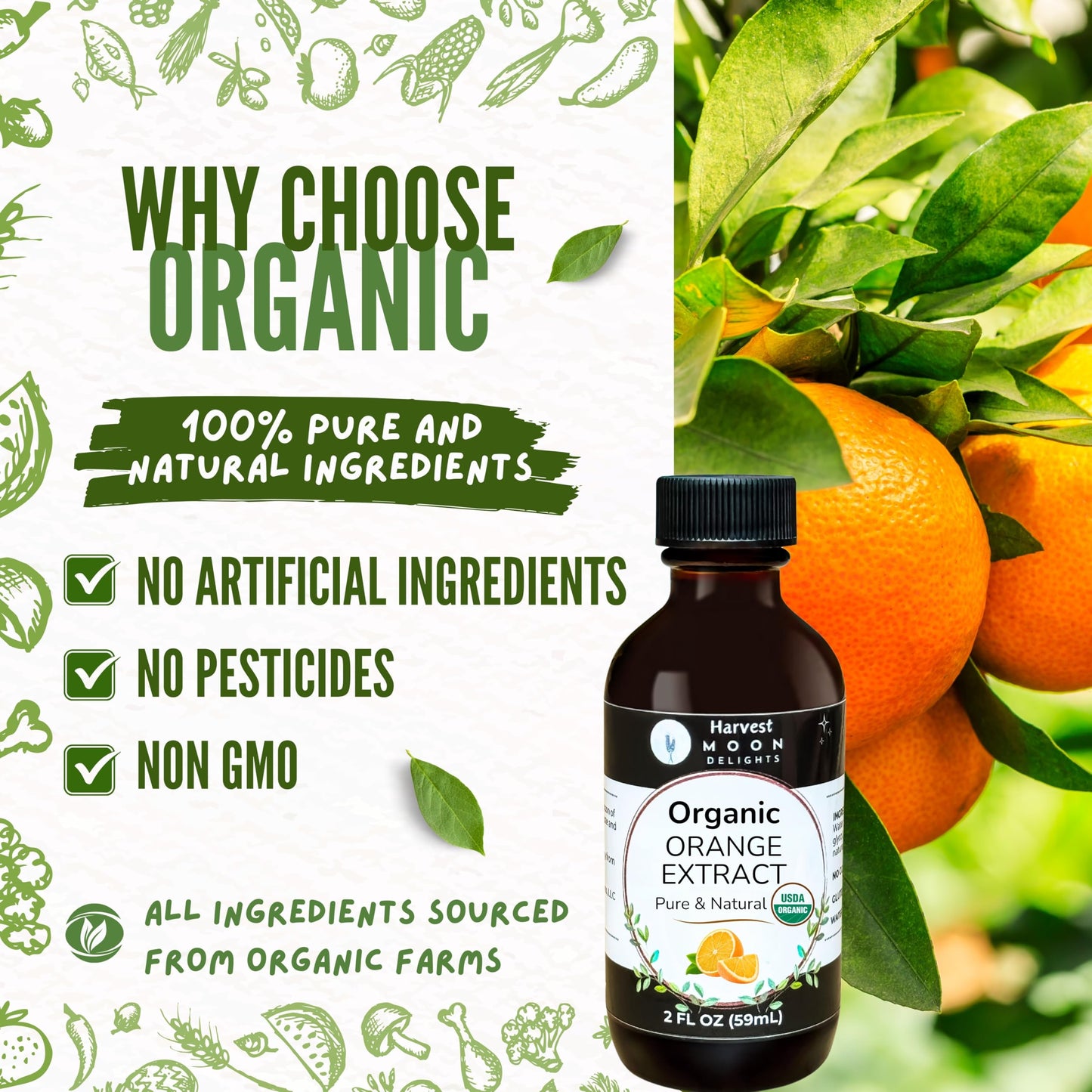 Organic Orange Extract For Baking, Ice Cream, Drinks, And Candy - 2 Oz - Water-Soluble - By Harvest Moon Delights - Pure Orange