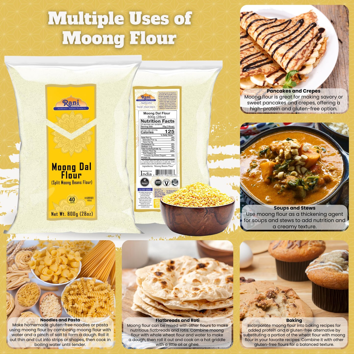 Rani Moong Flour, Mung Bean Flour, Vegan, Gluten Friendly, 28oz (800g), Non-GMO, Kosher, Indian Origin