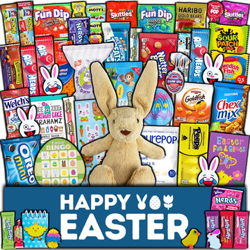 Easter Care Package (50ct) - Candy Snacks Treats Plush Bunny Chocolate Cookies Gift Box Bundle Basket Fillers Stuffers Present K