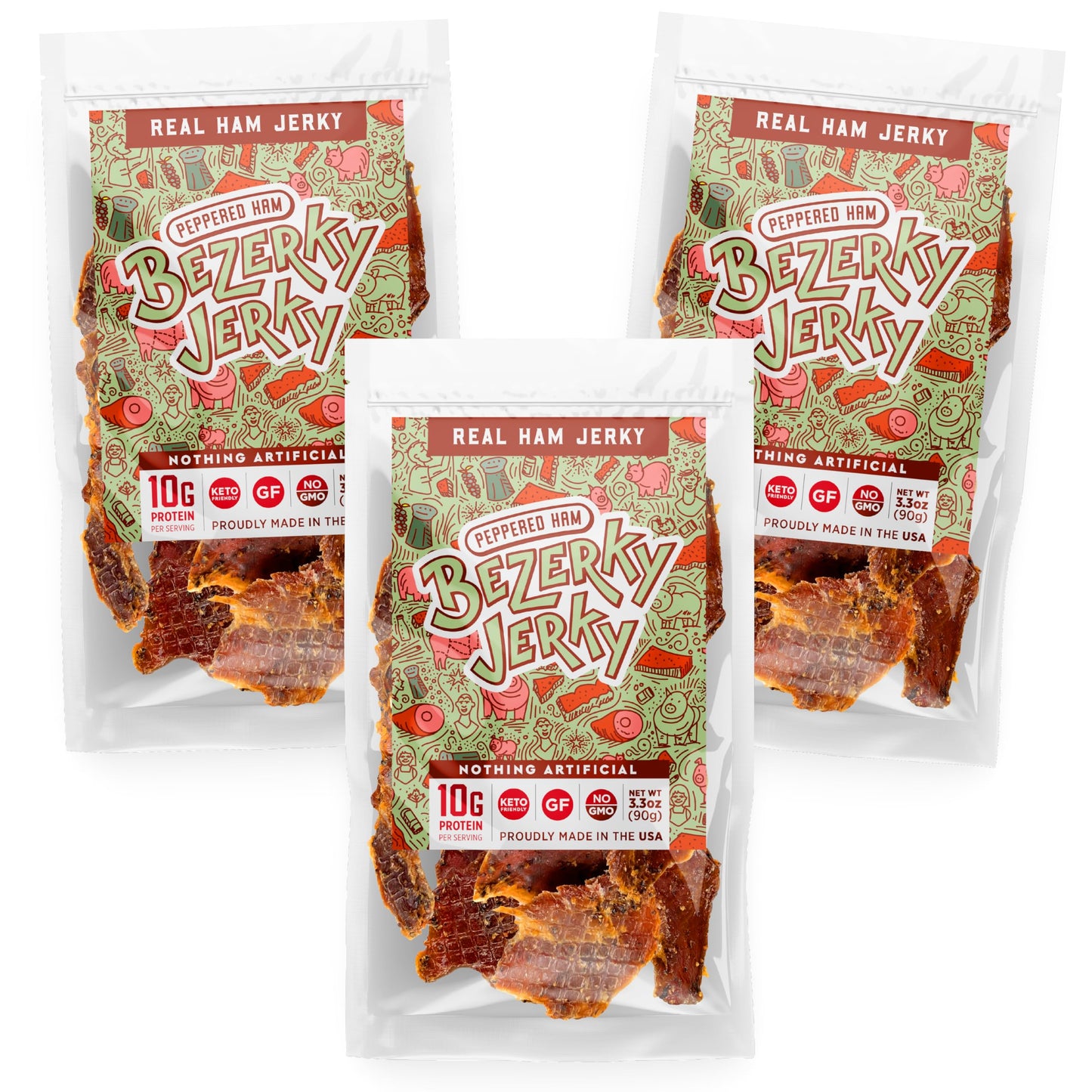Bezerky Jerky All Natural Real Ham Jerky, Peppered, Low Fat, Gluten-Free, High Protein, 3.3 Ounce (Pack of 3)