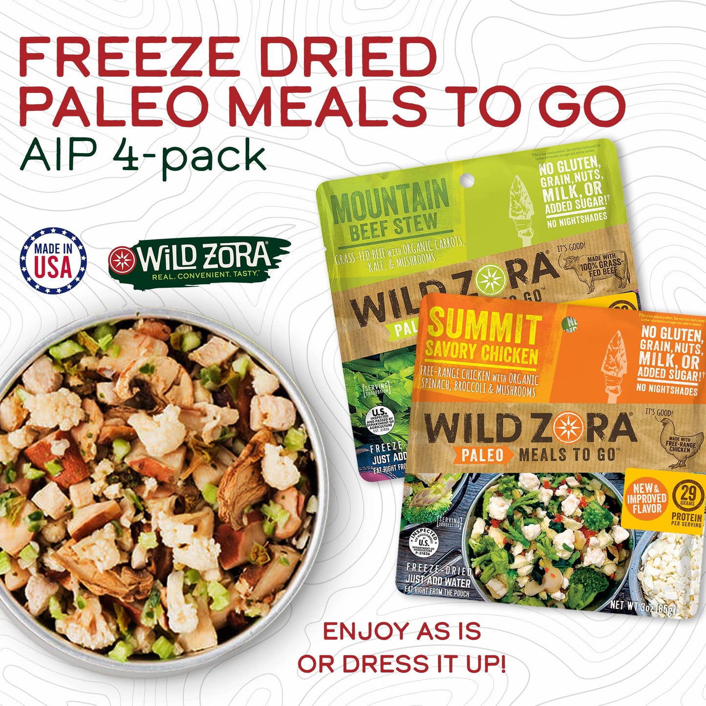 Wild Zora Paleo Freeze Dried Meals For Backpacking & Camping - Healthy Gluten Free & Grain Free Camping Meals/Backpacking Food + No Added Sugar - Great For Travel (Aip 4-Pack)