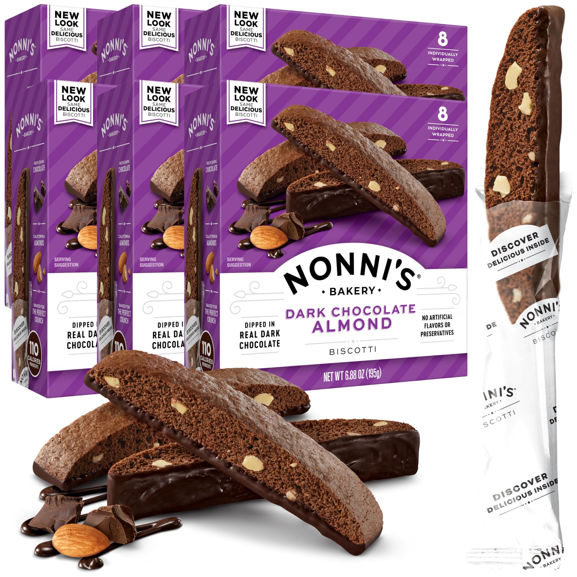 Nonni'S Dark Chocolate Almond Biscotti Italian Cookies - 6 Boxes Dark Chocolate Cookies - Biscotti Individually Wrapped Cookies