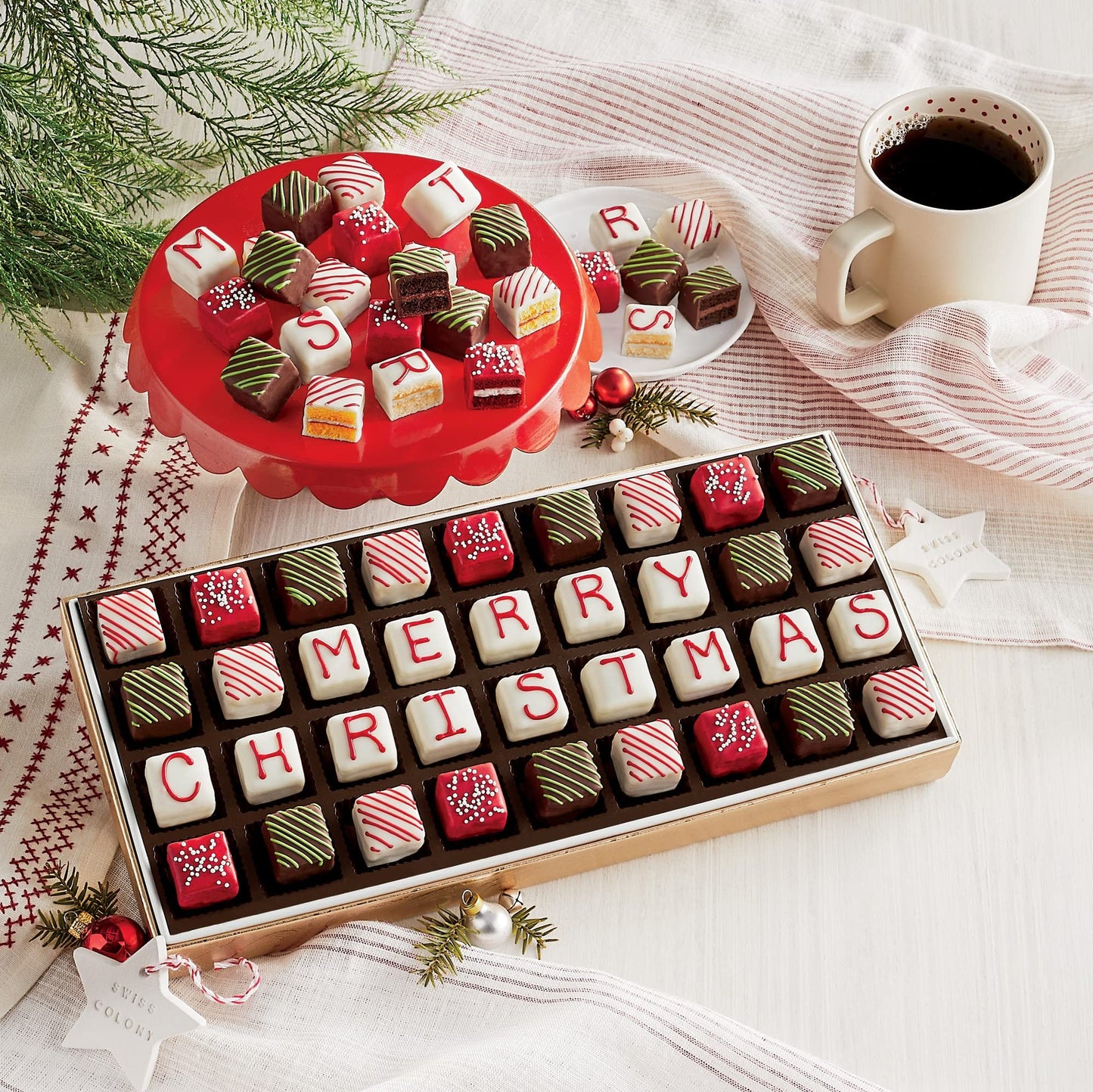 The Swiss Colony Merry Christmas Petits Fours Gourmet Mini Layer Cakes, Red Velvet, Strawberry, Double Chocolate, And Vanilla Tr