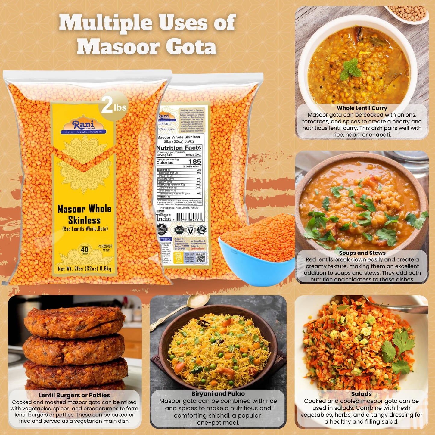 Rani Masoor Gota (Football) Indian Red Lentils Skinless 32Oz (2Lbs) 908G ~ All Natural | Gluten Friendly | Non-Gmo | Vegan | Ind