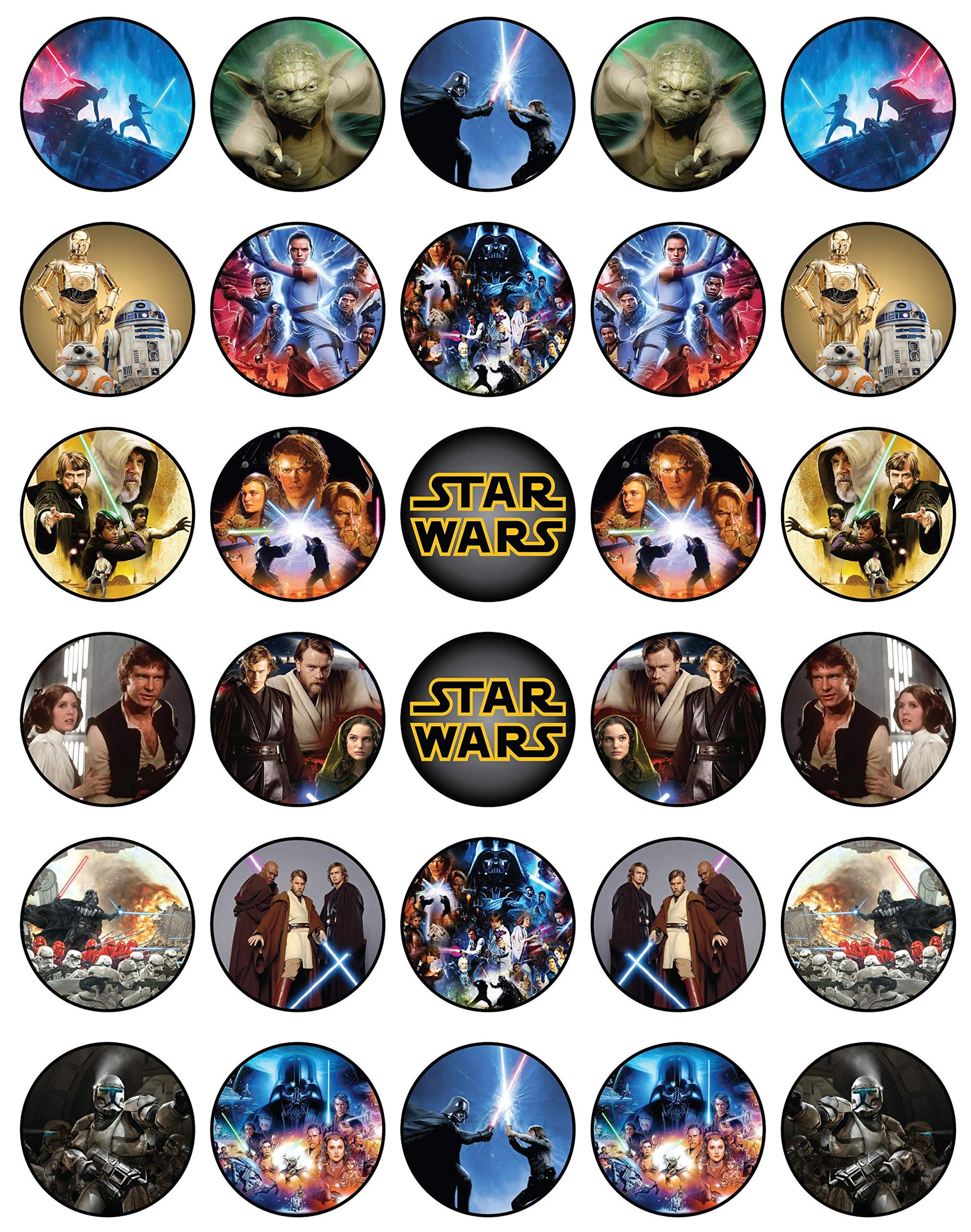30 X Edible Cupcake Toppers Themed Of Star Wars Collection Of Edible Cake Decorations | Uncut Edible On Wafer Sheet
