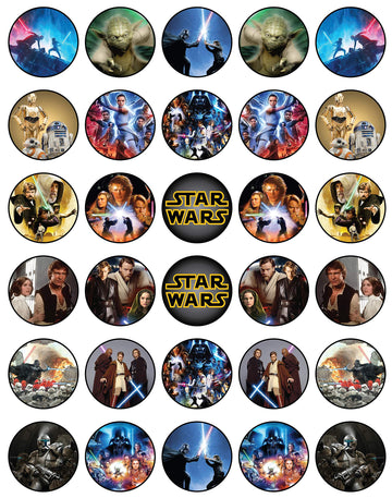 30 X Edible Cupcake Toppers Themed Of Star Wars Collection Of Edible Cake Decorations | Uncut Edible On Wafer Sheet