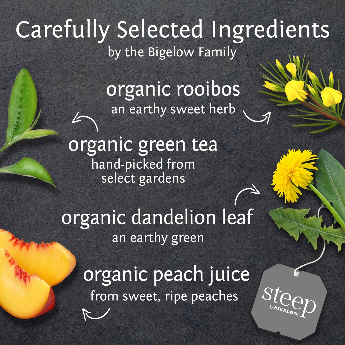 Bigelow Tea Steep Organic Dandelion Peach Rooibos Green Tea, Caffeinated, 20 Count (Pack of 6), 120 Total Tea Bags