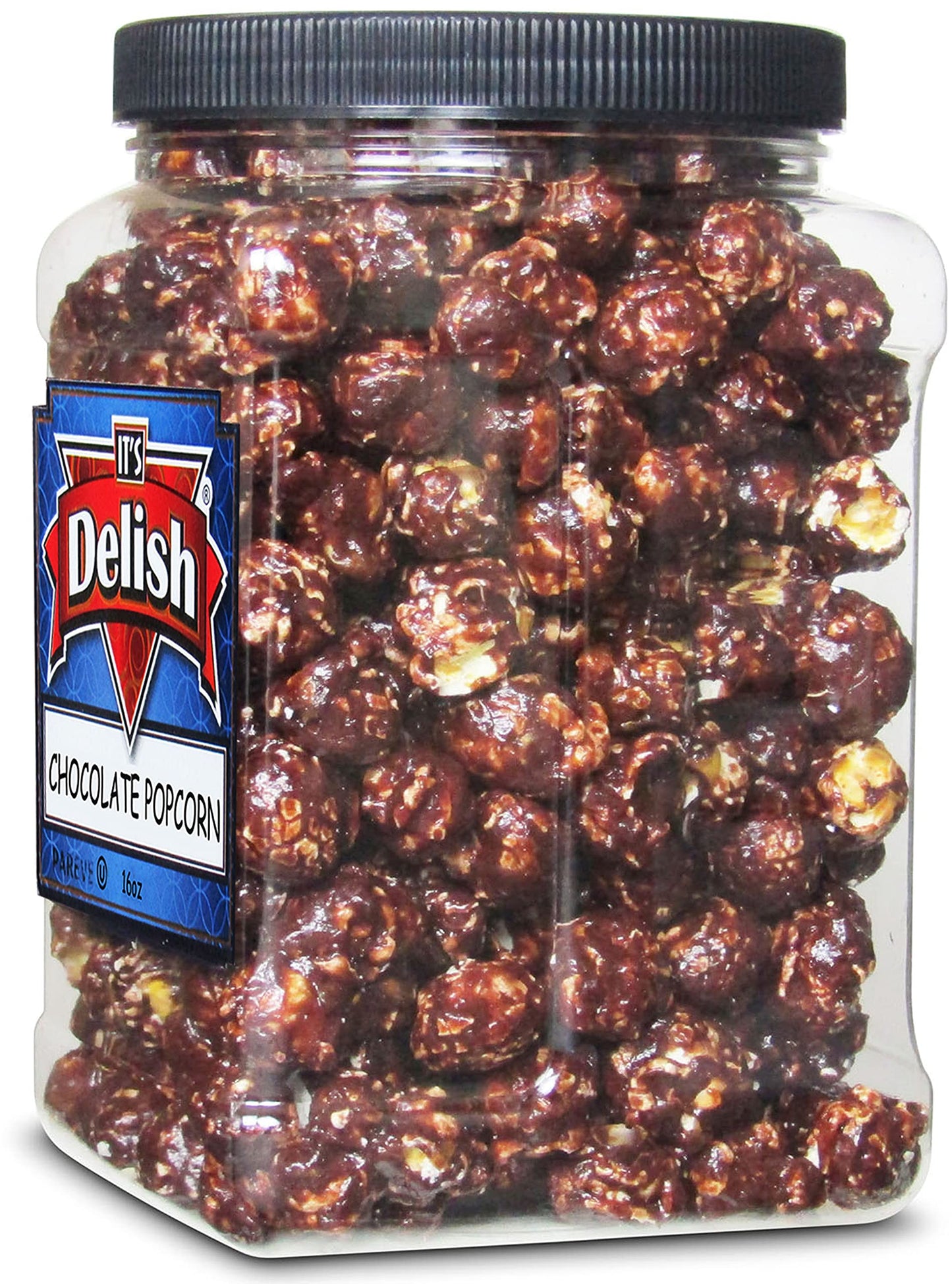 Gourmet Chocolate Popcorn by Its Delish, 16 OZ Jumbo Container - Festive Caramel Corn Air Popped Sweet and Crunchy Glazed Carmel
