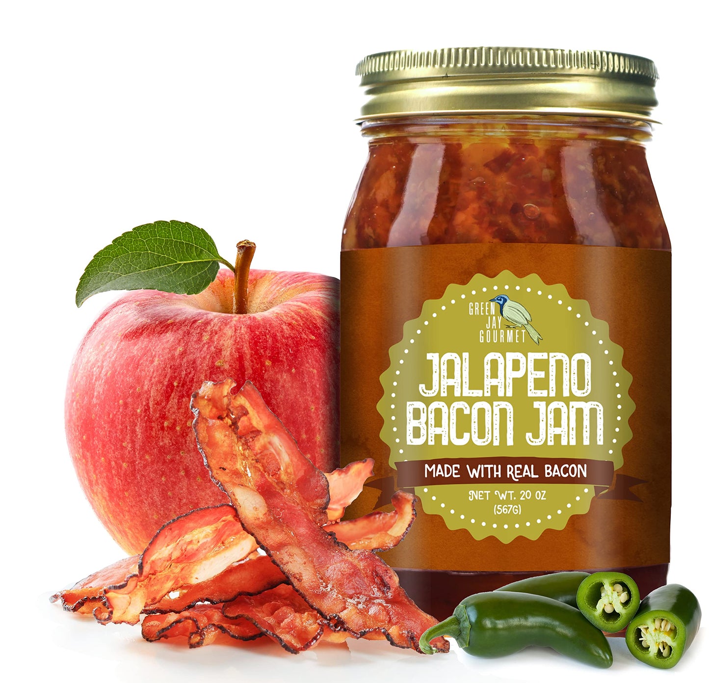 Green Jay Gourmet Jalapeno Bacon Jam - Sweet & Savory Spread - 20oz Jar - Gluten-Free, Zero Trans Fat