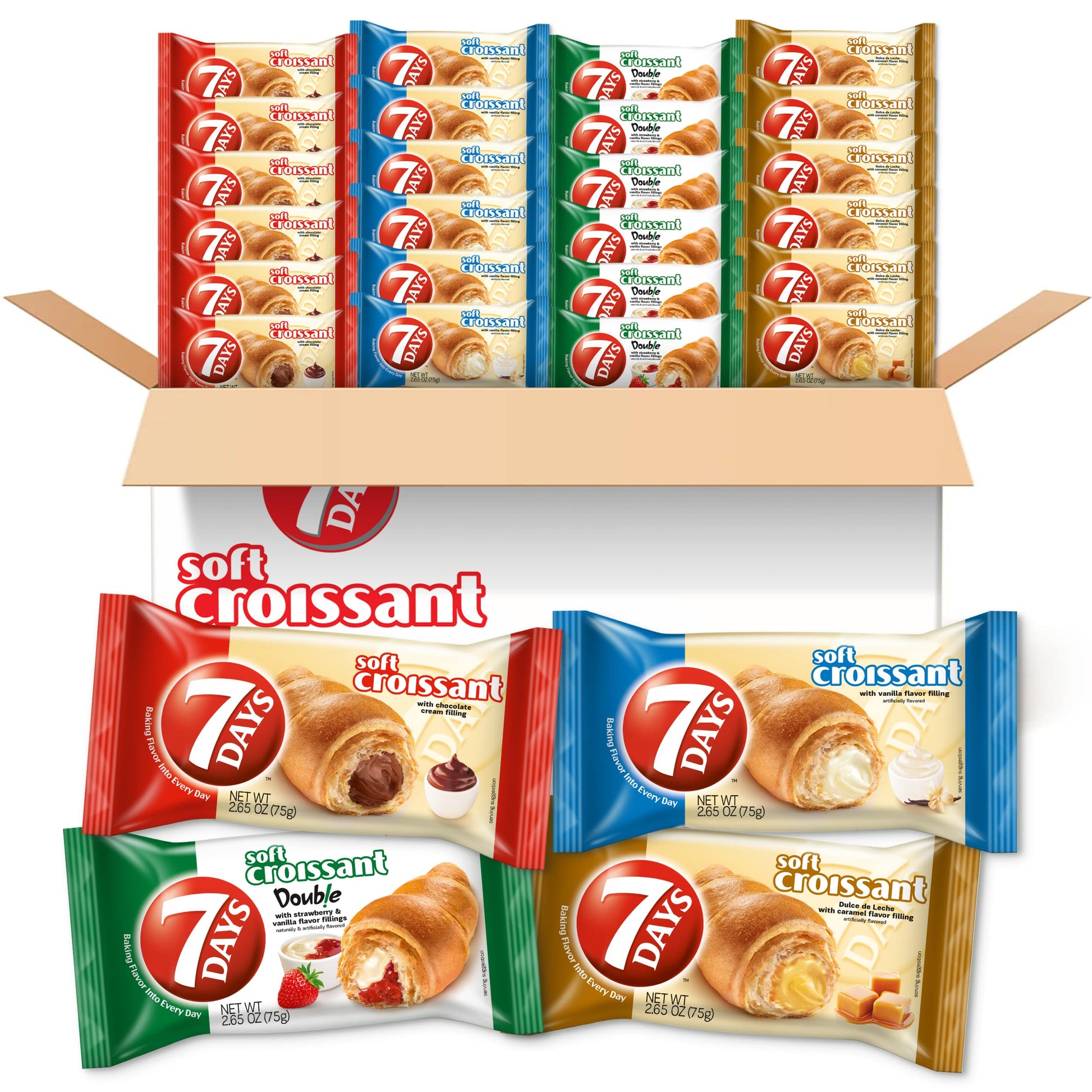 7Days Soft Croissant Variety Pack (24 Count), 6 Chocolate, 6 Vanilla, 6 Strawberry Vanilla, 6 Caramel, Breakfast Pastry, Individ