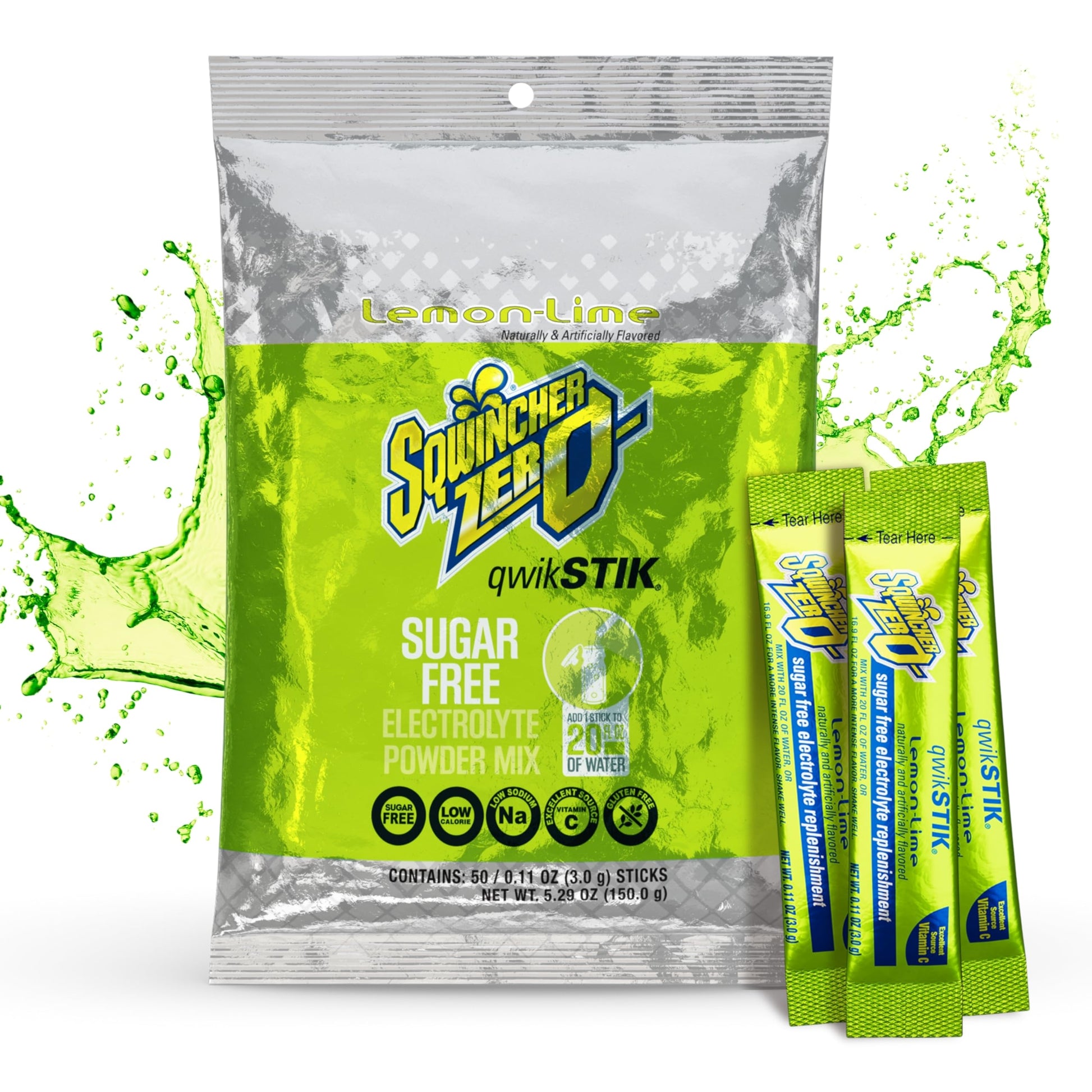 Sqwincher Zero Qwik Stik, Sugar Free, Low Calorie, Low Sodium Electrolyte Powder Hydration Drink Mix, Lemon Lime, .11 0Z Packet (Pack Of 50)