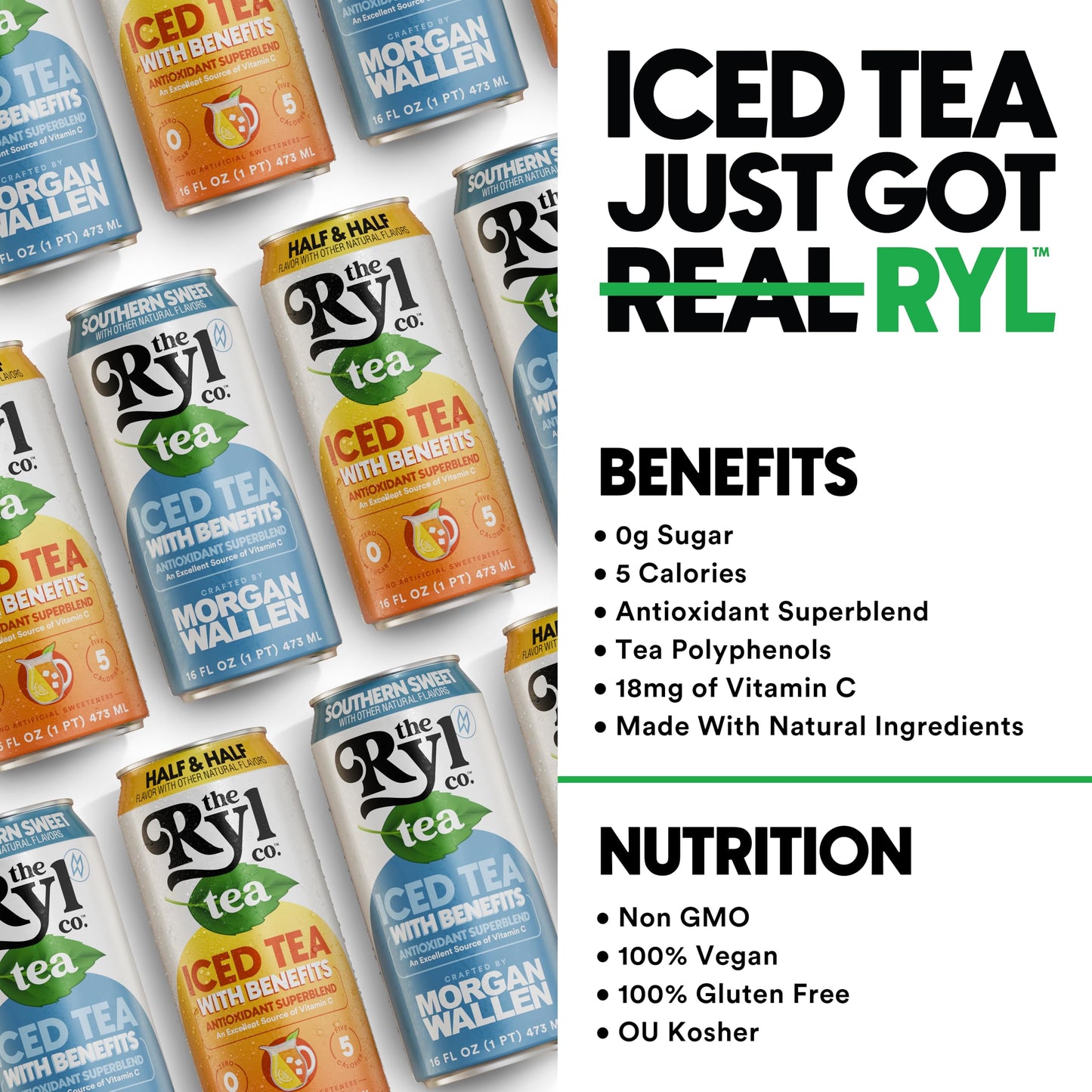 Ryl Iced Tea Front Porch Pack  Sweet Tea and Half N Half - Antioxidant Superblend  No Artificial Ingredients  Zero Sugar  Five Calories  Low Carb  Non-GMO  Made in the USA  12-Pack  16 Fl Oz