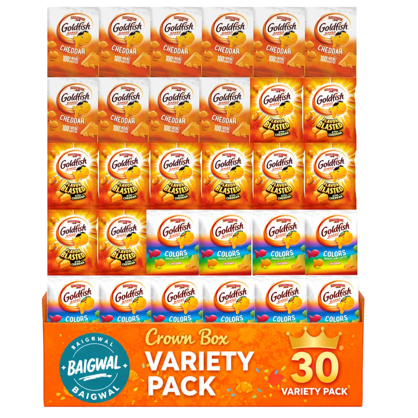 Variety Pack Gold-fish Crackers for Kids, Individual Bags, 30 Pouches, Bulk Snacks Assortment by Baigwal