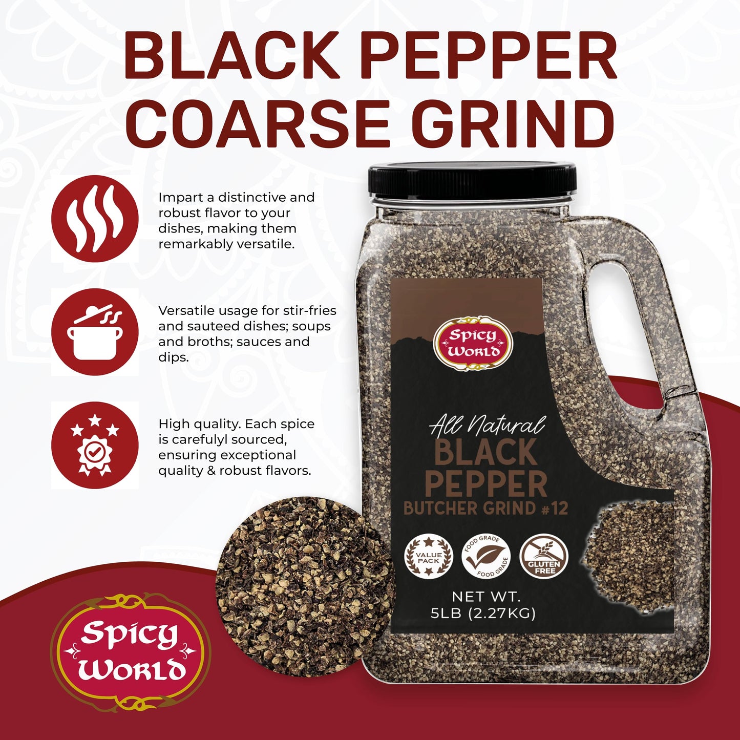 Black Pepper Ground Coarse 5 LB Bulk Jar Butcher Grind #12 - enhanced Ground Black Peppercorns  All Natural  Gluten Free  Steam Sterilized - Restaurant Supply & BBQ Seasoning by Spicy World