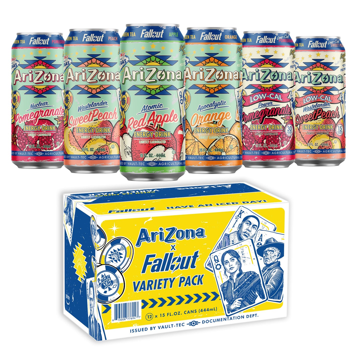 Arizona X Fallout Green Tea Energy Drink  Variety Pack - 6 Flavors  15 Fl Oz (Pack Of 12) - 190Mg Energy Blend Per Can