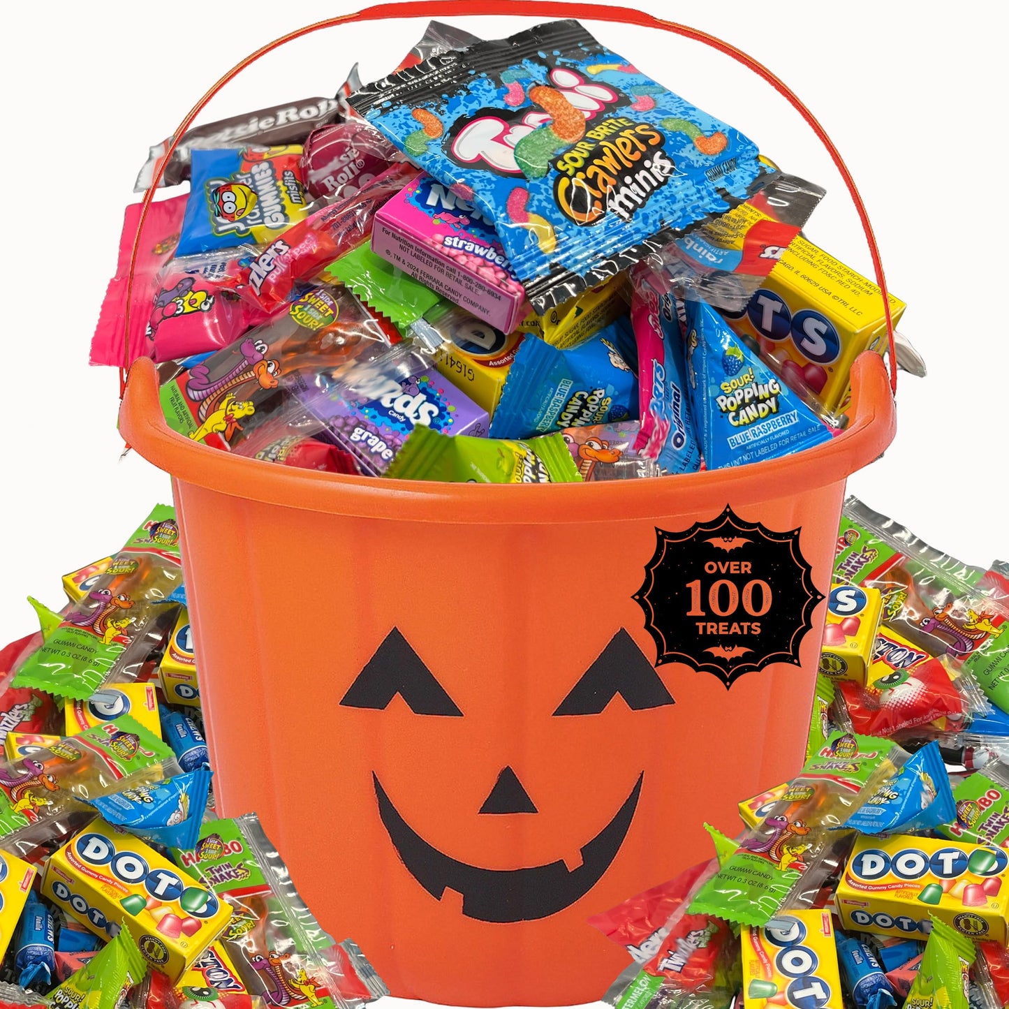 Halloween Candy Filled Pumpkin Bucket  Candy Pre-filled Large Pumpkin Bucket  Over 100 Candie   Spooky Party Favor Kit Jack O Lantern Bulk Candies Trick or Treat Kids Canndy Monster Gummies