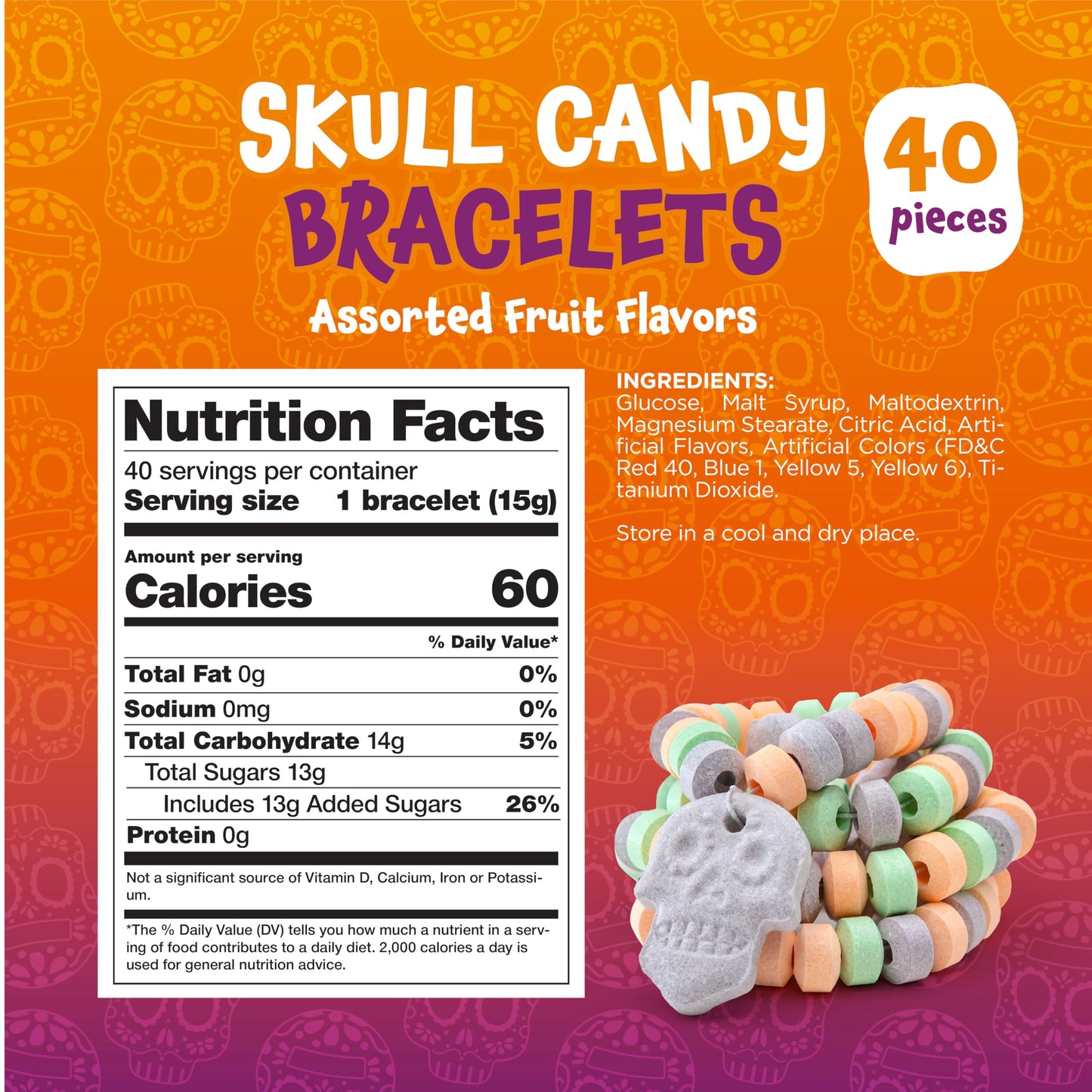 Skull Candy Bracelets - 21 Ounce Bag (40 Count) - Candy Bracelets Individually Wrapped - Fun Candies for Goodie Bags and Classroom Rewards - Party Favors by Funtasty