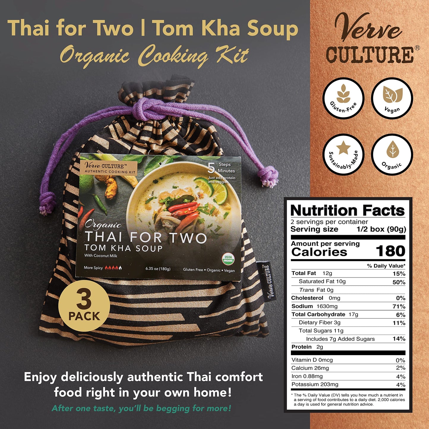Thai For Two Cooking Kit By Verve Culture | Usda-Organic Tom Kha Soup Cooking Kit | Authentic Thai Cuisine | Unique Cooking Gift
