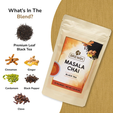 Brewix, Masala Chai Tea Bags (22 Pyramid Tea Bags) Strong, Robust & Spicy - Pure Ingredients | Black Tea, Cinnamon, Ginger, Blac